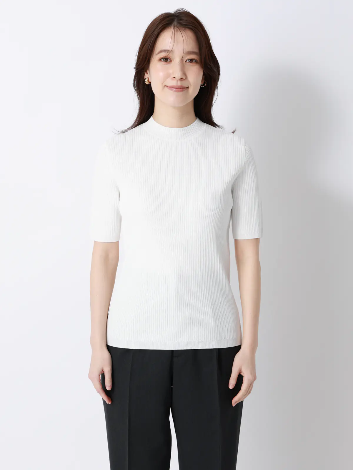 ハイネックリブニット/5分袖/ハンドウォッシュ/ドライレーヨン/無地 オフホワイト F