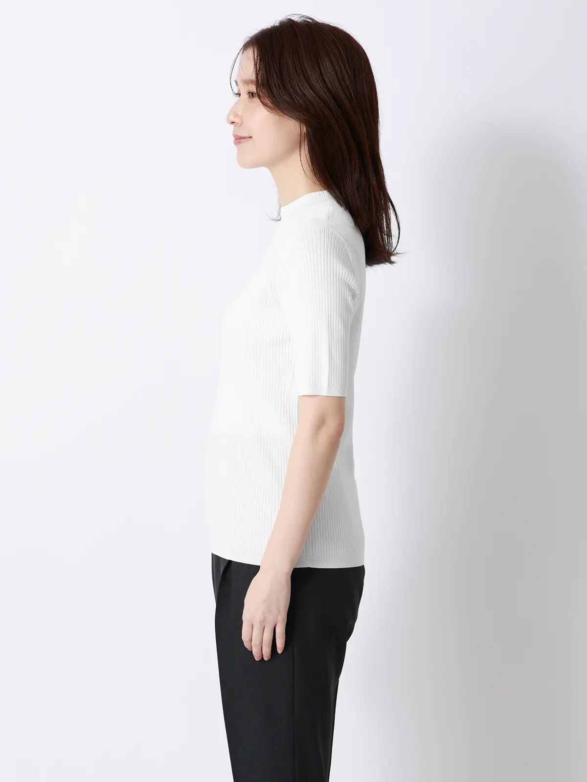 ハイネックリブニット/5分袖/ハンドウォッシュ/ドライレーヨン/無地 オフホワイト F