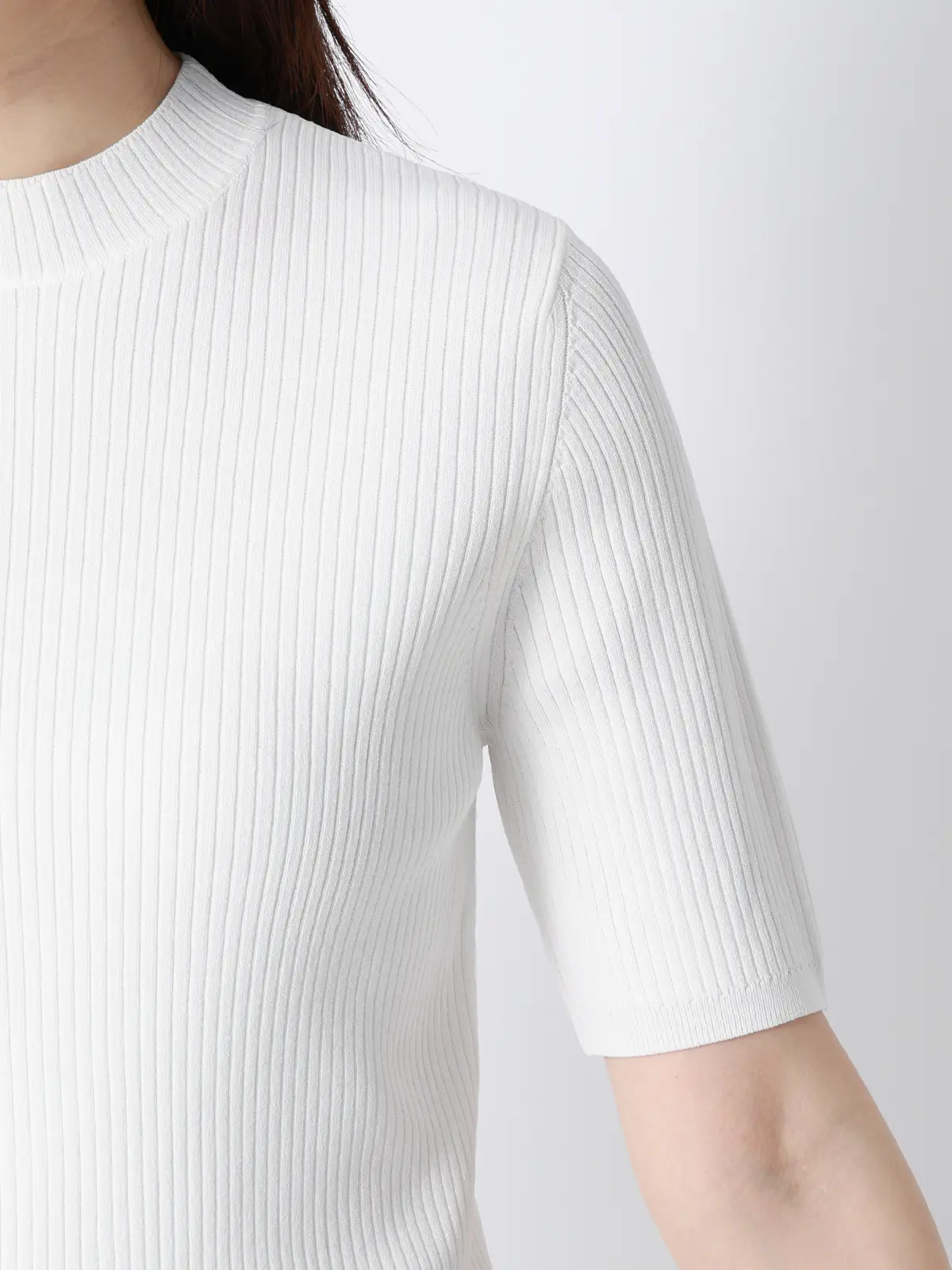 ハイネックリブニット/5分袖/ハンドウォッシュ/ドライレーヨン/無地 オフホワイト F