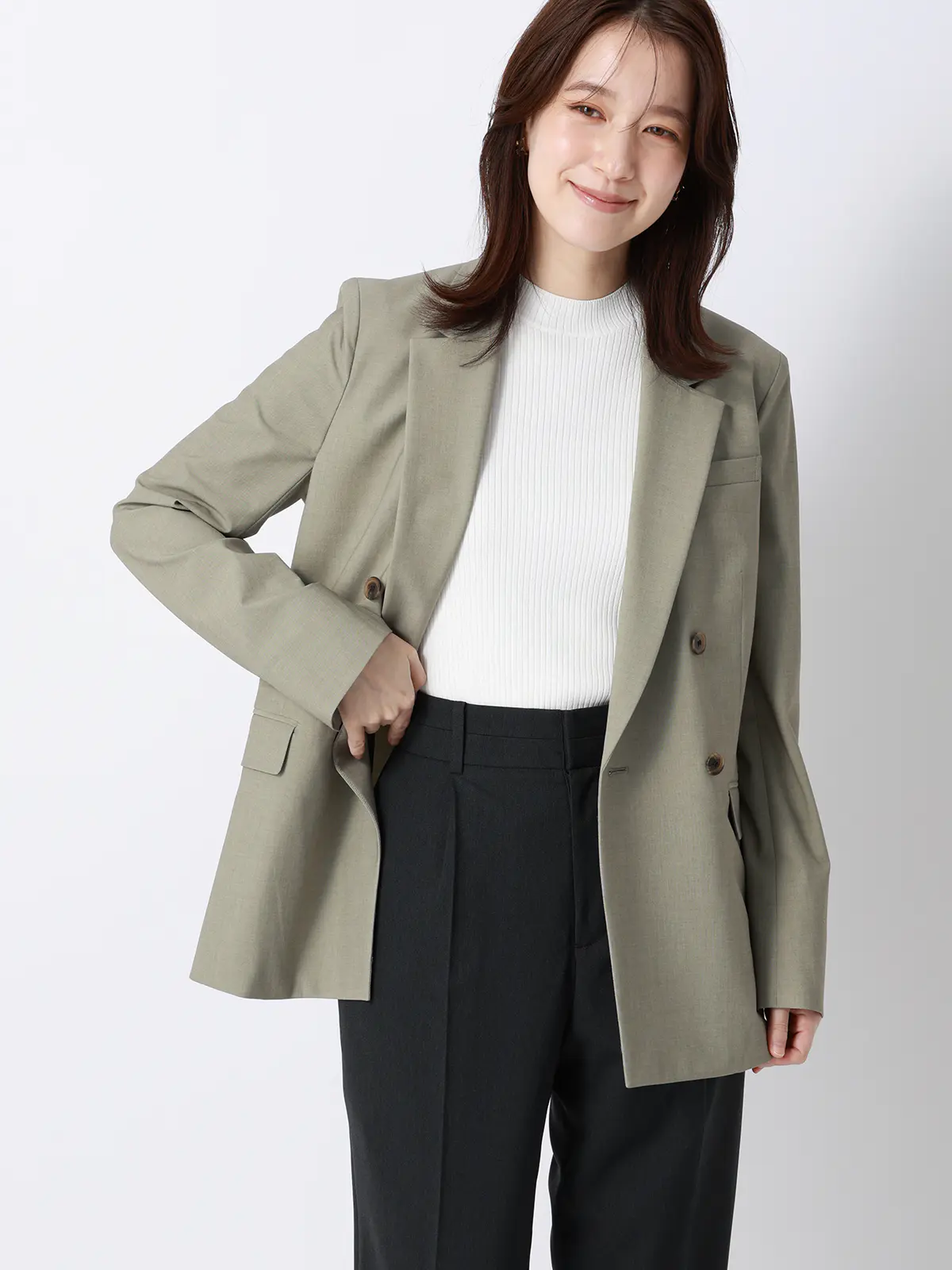 ハイネックリブニット/5分袖/ハンドウォッシュ/ドライレーヨン/無地 オフホワイト F