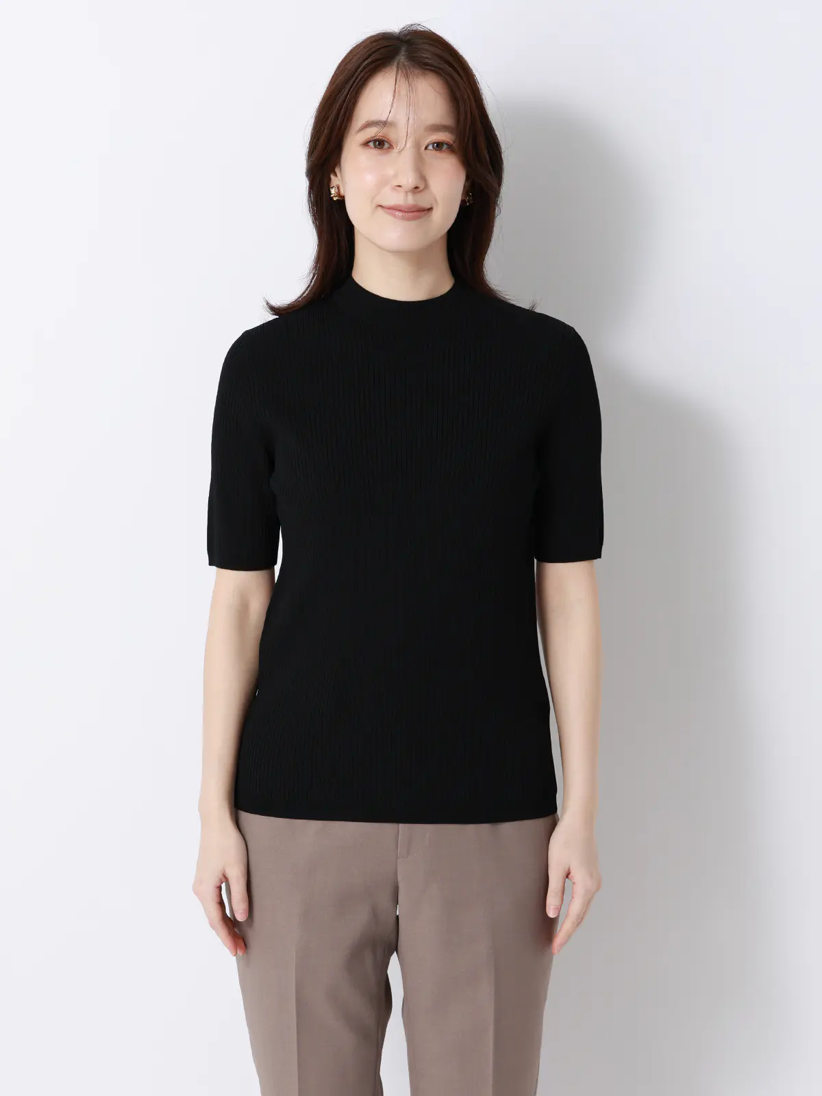 ハイネックリブニット/5分袖/ハンドウォッシュ/ドライレーヨン/無地 ブラック F