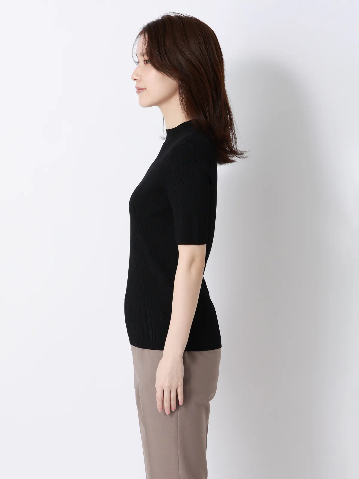 ハイネックリブニット/5分袖/ハンドウォッシュ/ドライレーヨン/無地 ブラック F