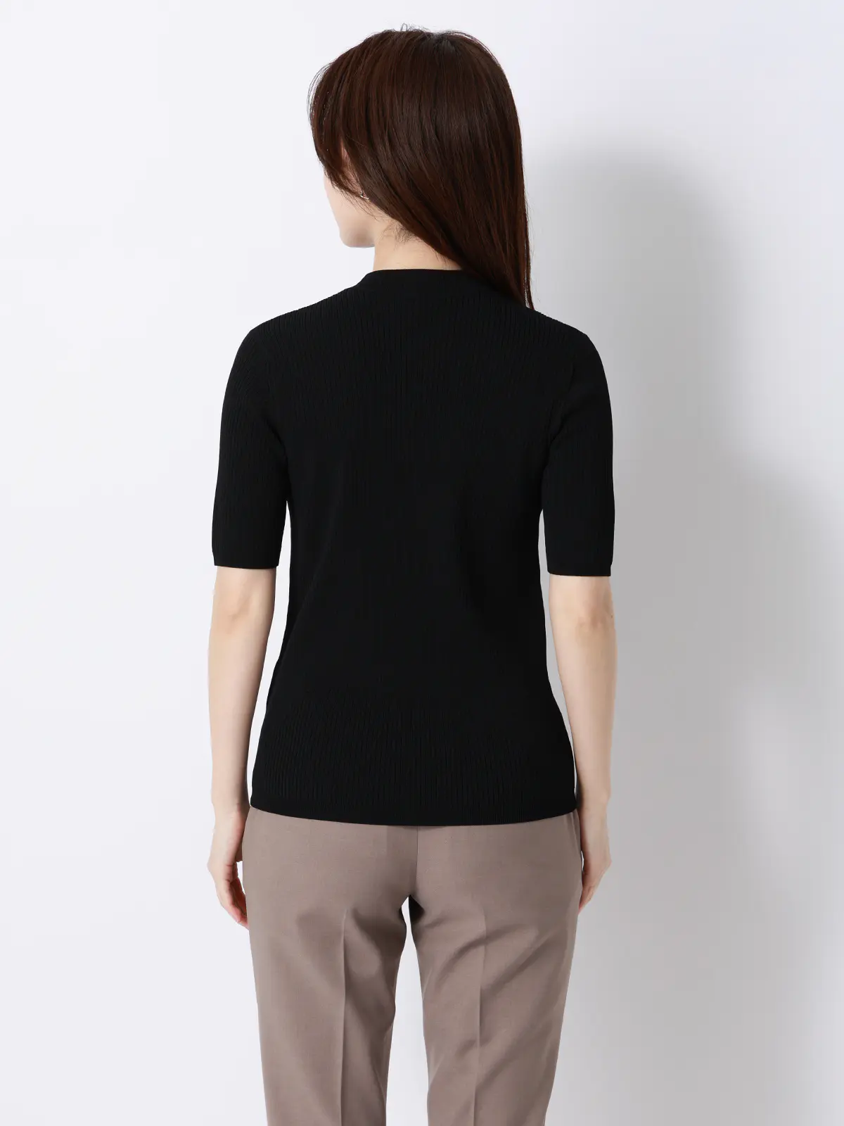 ハイネックリブニット/5分袖/ハンドウォッシュ/ドライレーヨン/無地 ブラック F