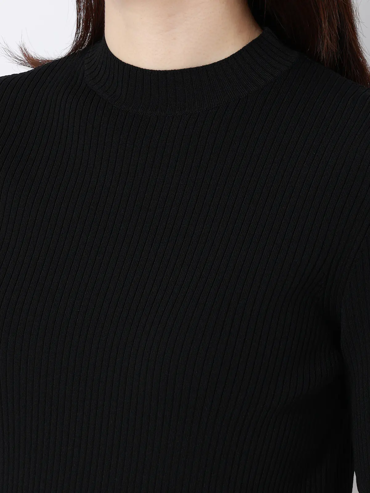 ハイネックリブニット/5分袖/ハンドウォッシュ/ドライレーヨン/無地 ブラック F