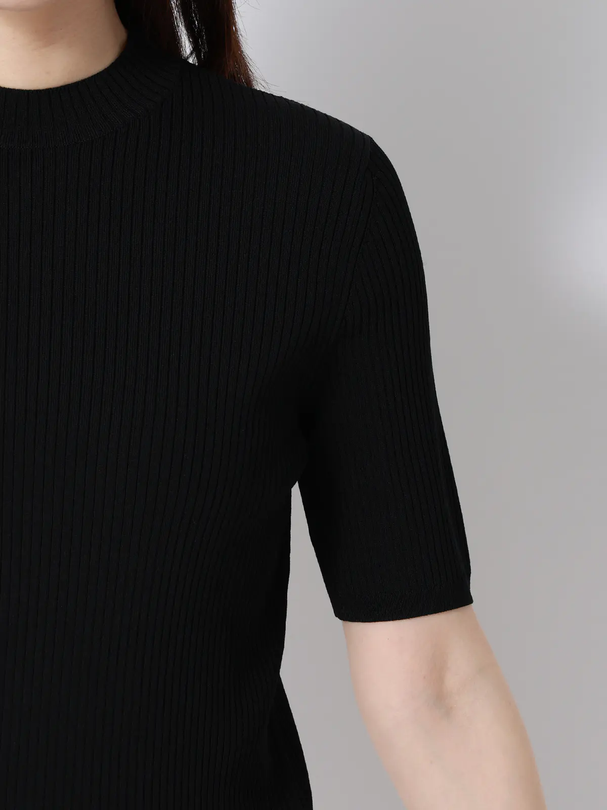 ハイネックリブニット/5分袖/ハンドウォッシュ/ドライレーヨン/無地 ブラック F