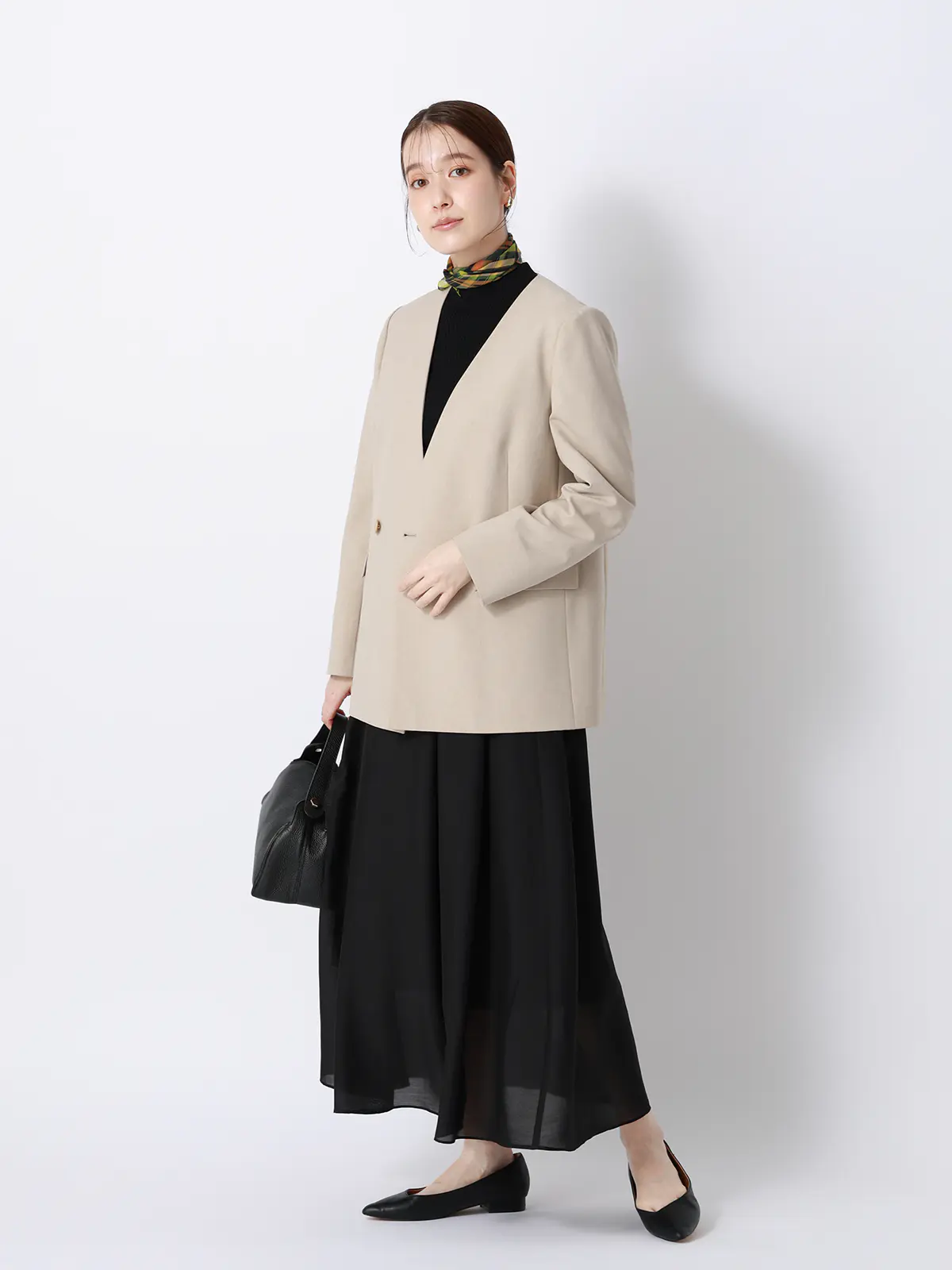 ハイネックリブニット/5分袖/ハンドウォッシュ/ドライレーヨン/無地 ブラック F