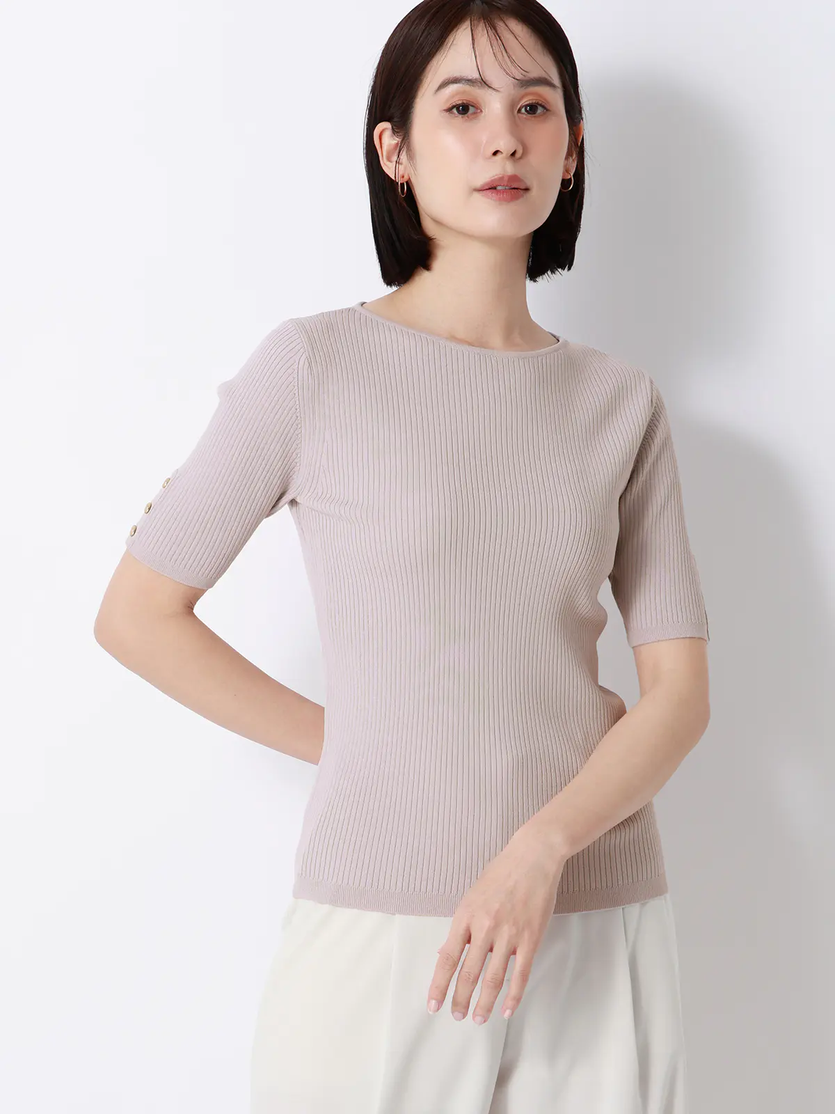 ボートネックリブニット／5分袖／ハンドウォッシュ／ドライレーヨン／無地 ライラック F