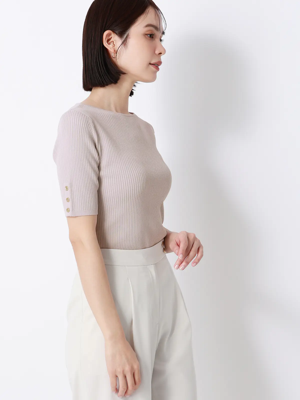 ボートネックリブニット／5分袖／ハンドウォッシュ／ドライレーヨン／無地 ライラック F