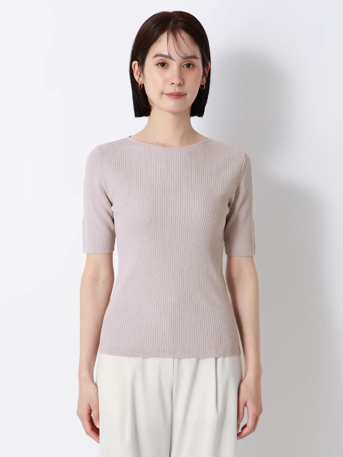 ボートネックリブニット／5分袖／ハンドウォッシュ／ドライレーヨン／無地 ライラック F