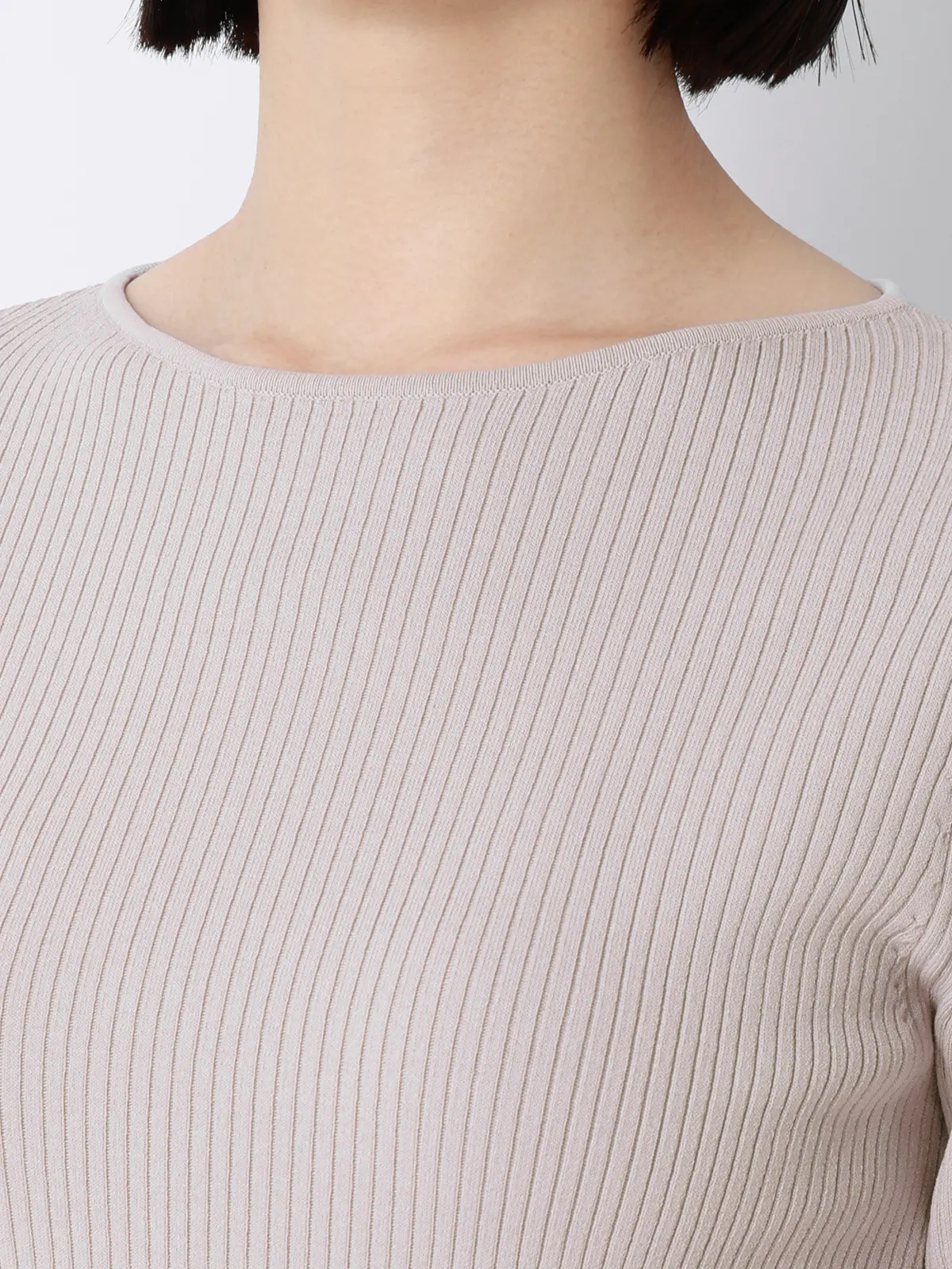 ボートネックリブニット／5分袖／ハンドウォッシュ／ドライレーヨン／無地 ライラック F