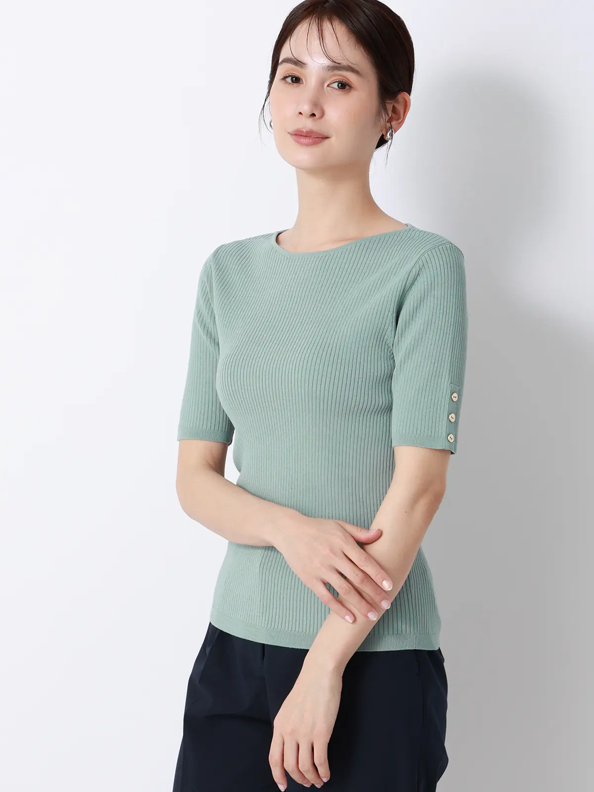 ボートネックリブニット／5分袖／ハンドウォッシュ／ドライレーヨン／無地 ミント F