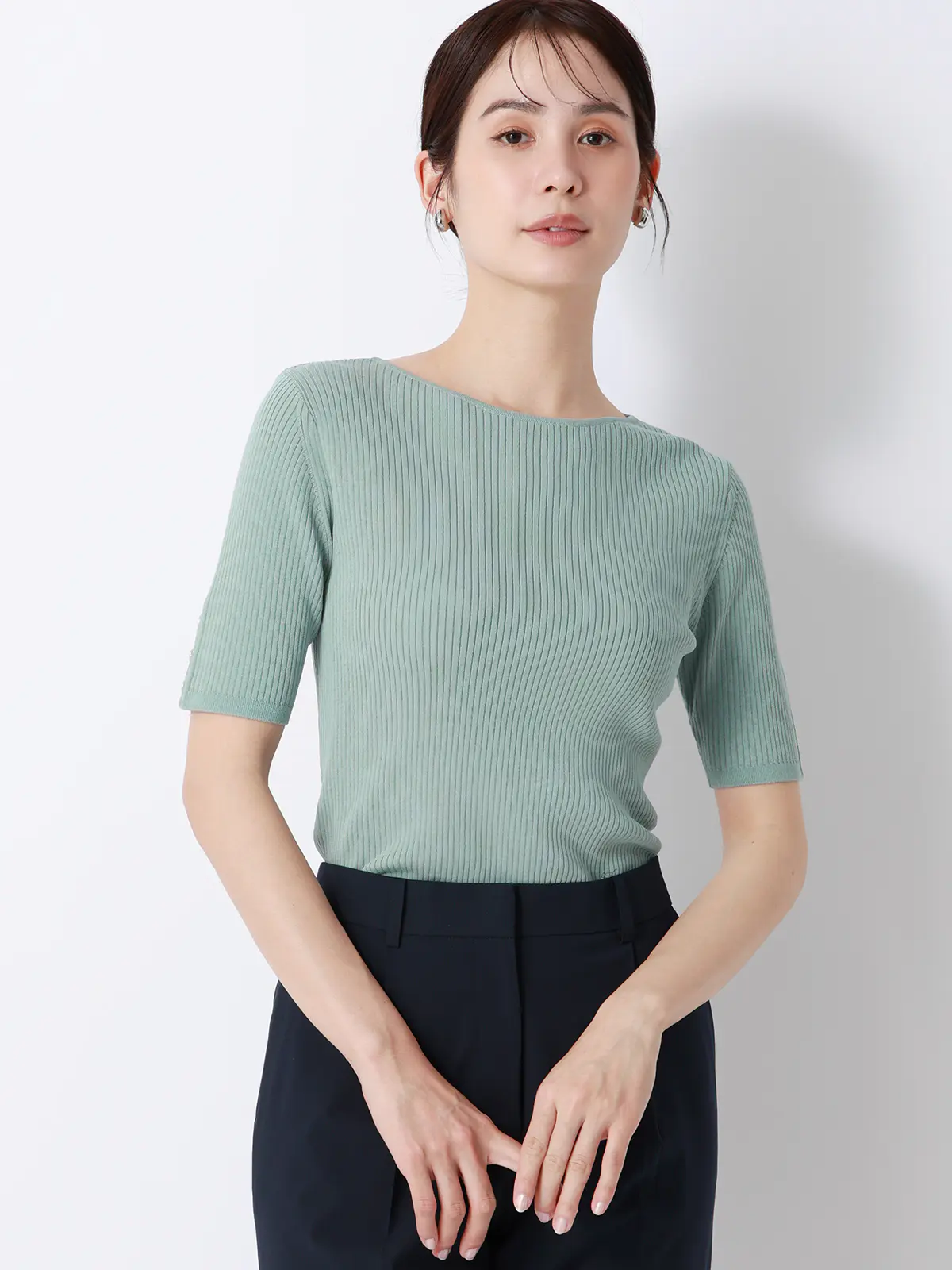 ボートネックリブニット／5分袖／ハンドウォッシュ／ドライレーヨン／無地 ミント F