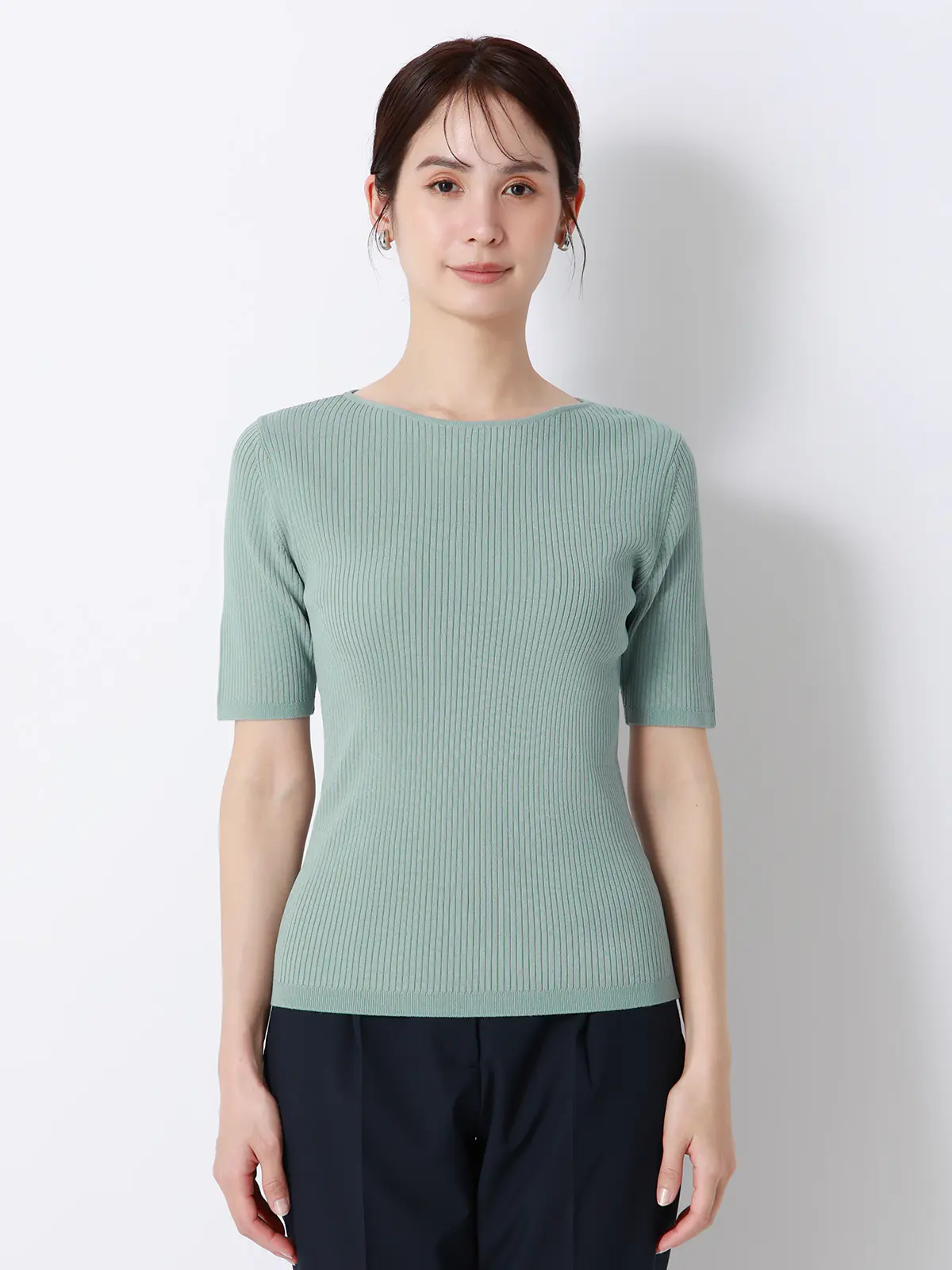 ボートネックリブニット／5分袖／ハンドウォッシュ／ドライレーヨン／無地 ミント F