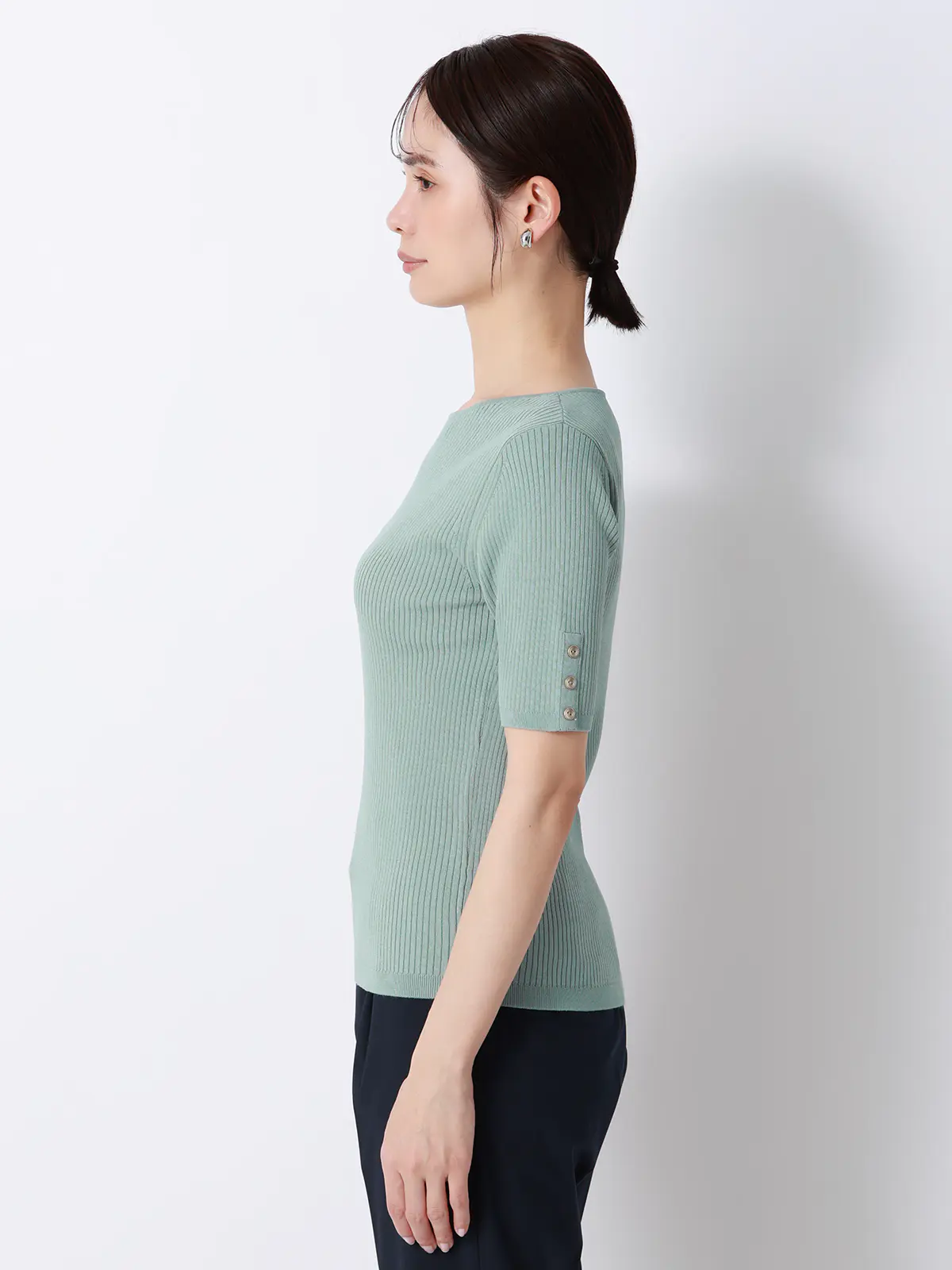 ボートネックリブニット／5分袖／ハンドウォッシュ／ドライレーヨン／無地 ミント F