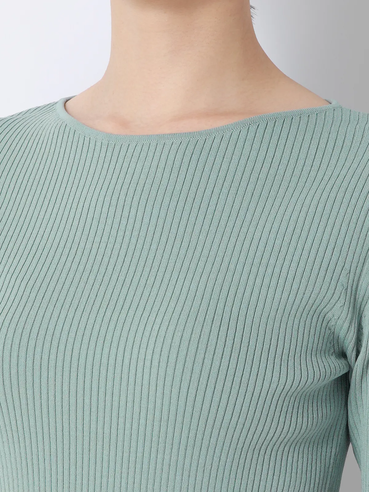 ボートネックリブニット／5分袖／ハンドウォッシュ／ドライレーヨン／無地 ミント F