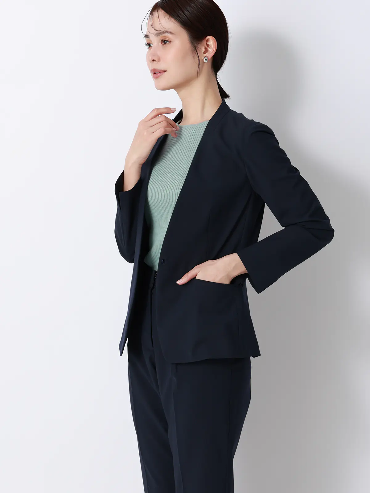 ボートネックリブニット／5分袖／ハンドウォッシュ／ドライレーヨン／無地 ミント F