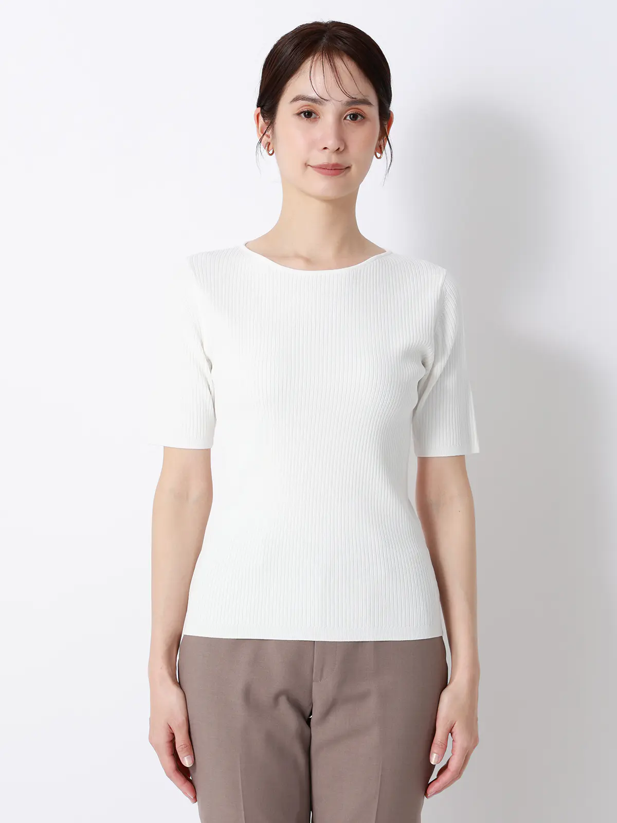 ボートネックリブニット／5分袖／ハンドウォッシュ／ドライレーヨン／無地 オフホワイト F