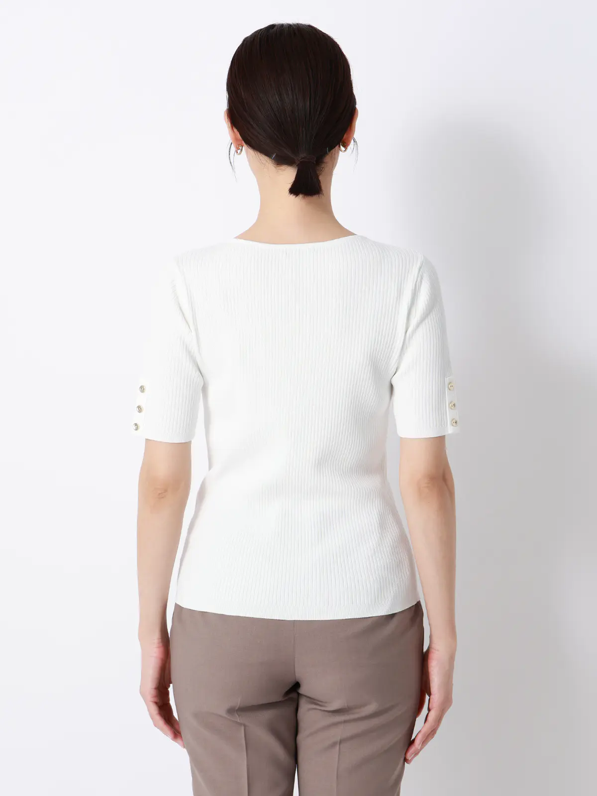 ボートネックリブニット／5分袖／ハンドウォッシュ／ドライレーヨン／無地 オフホワイト F