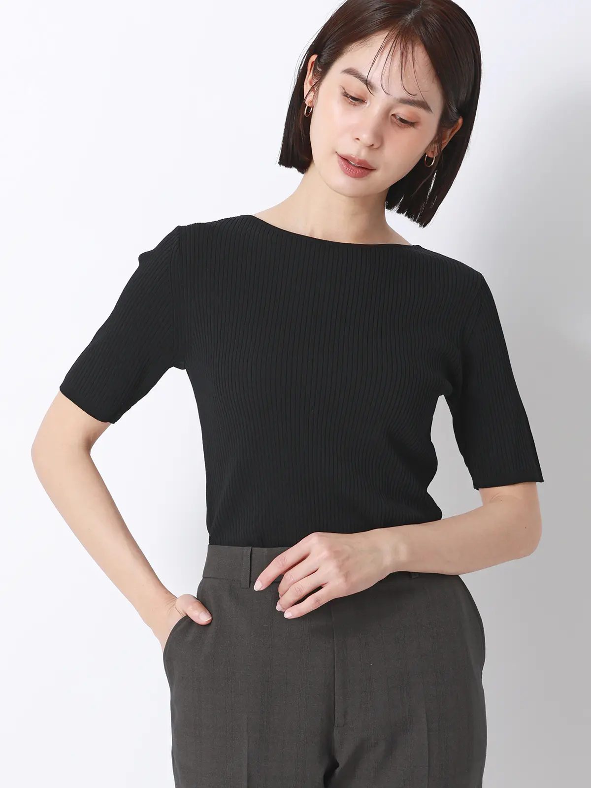 ボートネックリブニット／5分袖／ハンドウォッシュ／ドライレーヨン／無地 ブラック F