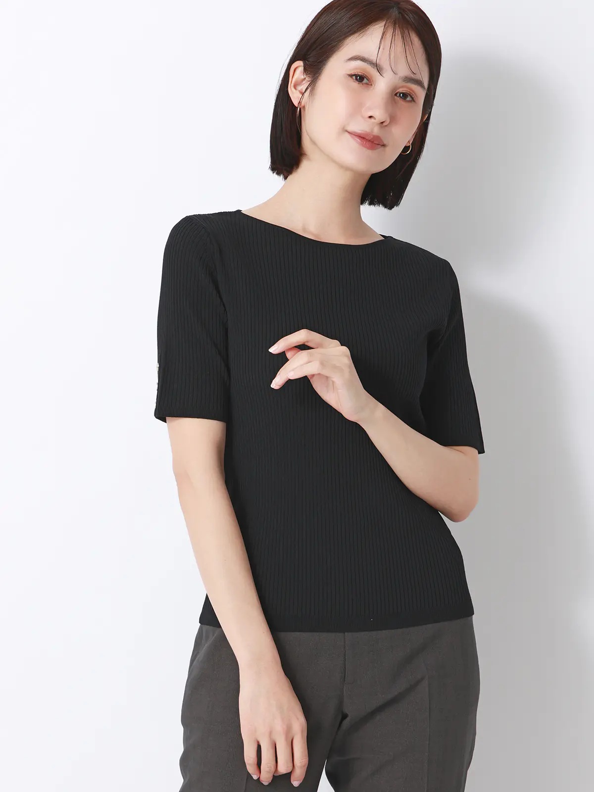 ボートネックリブニット／5分袖／ハンドウォッシュ／ドライレーヨン／無地 ブラック F