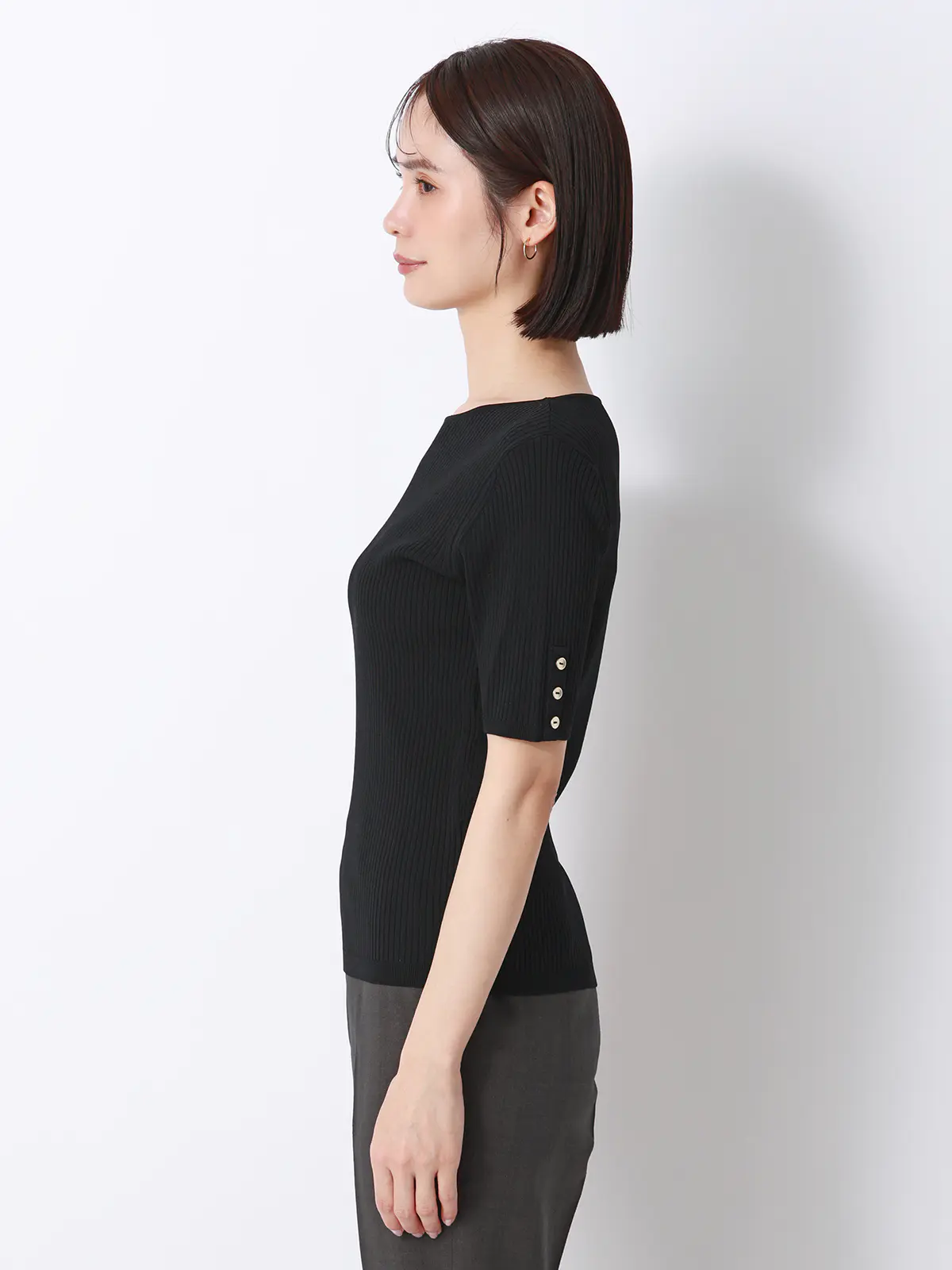 ボートネックリブニット／5分袖／ハンドウォッシュ／ドライレーヨン／無地 ブラック F