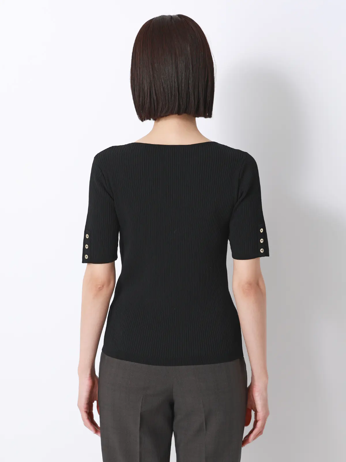 ボートネックリブニット／5分袖／ハンドウォッシュ／ドライレーヨン／無地 ブラック F