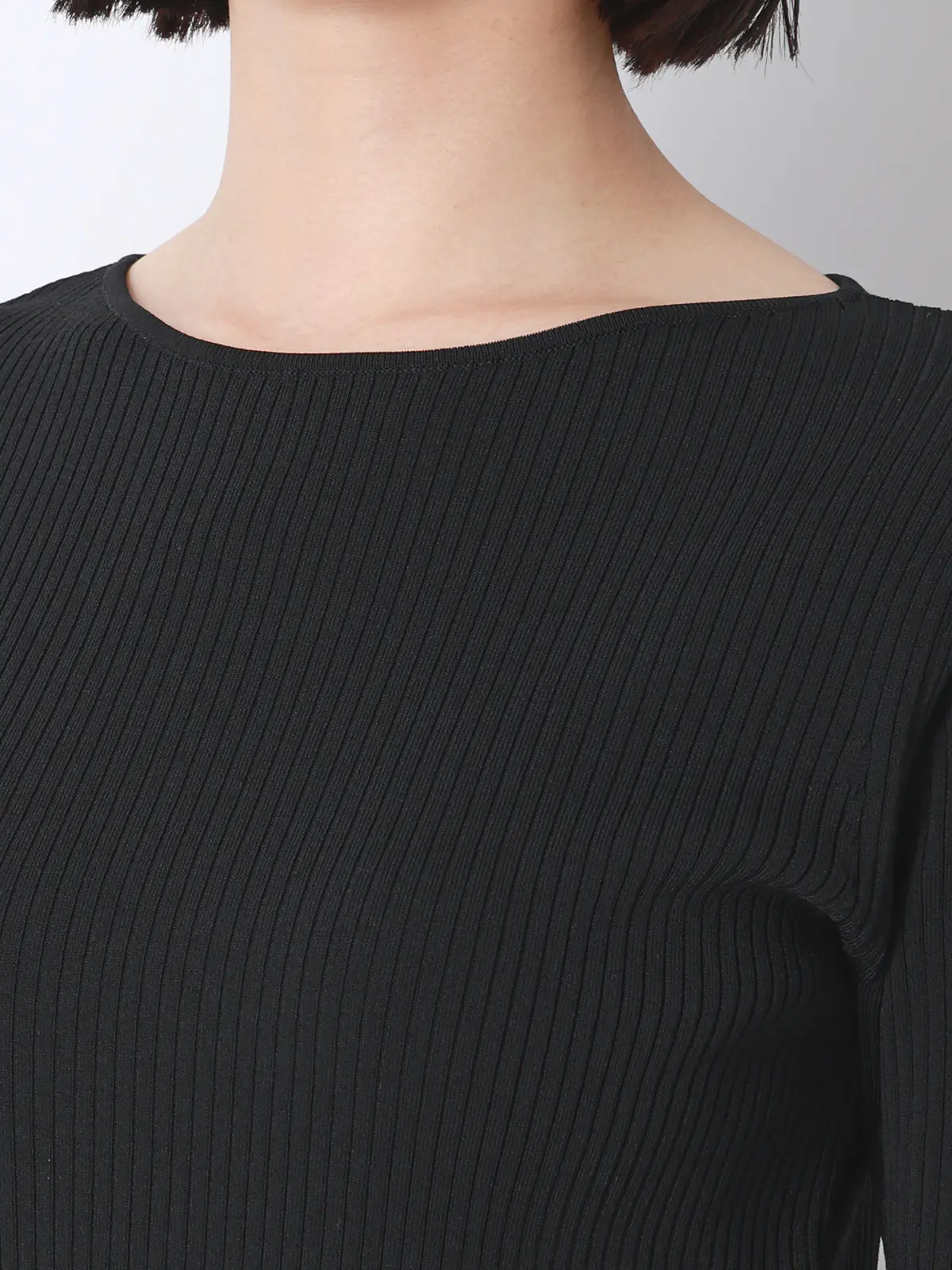 ボートネックリブニット／5分袖／ハンドウォッシュ／ドライレーヨン／無地 ブラック F