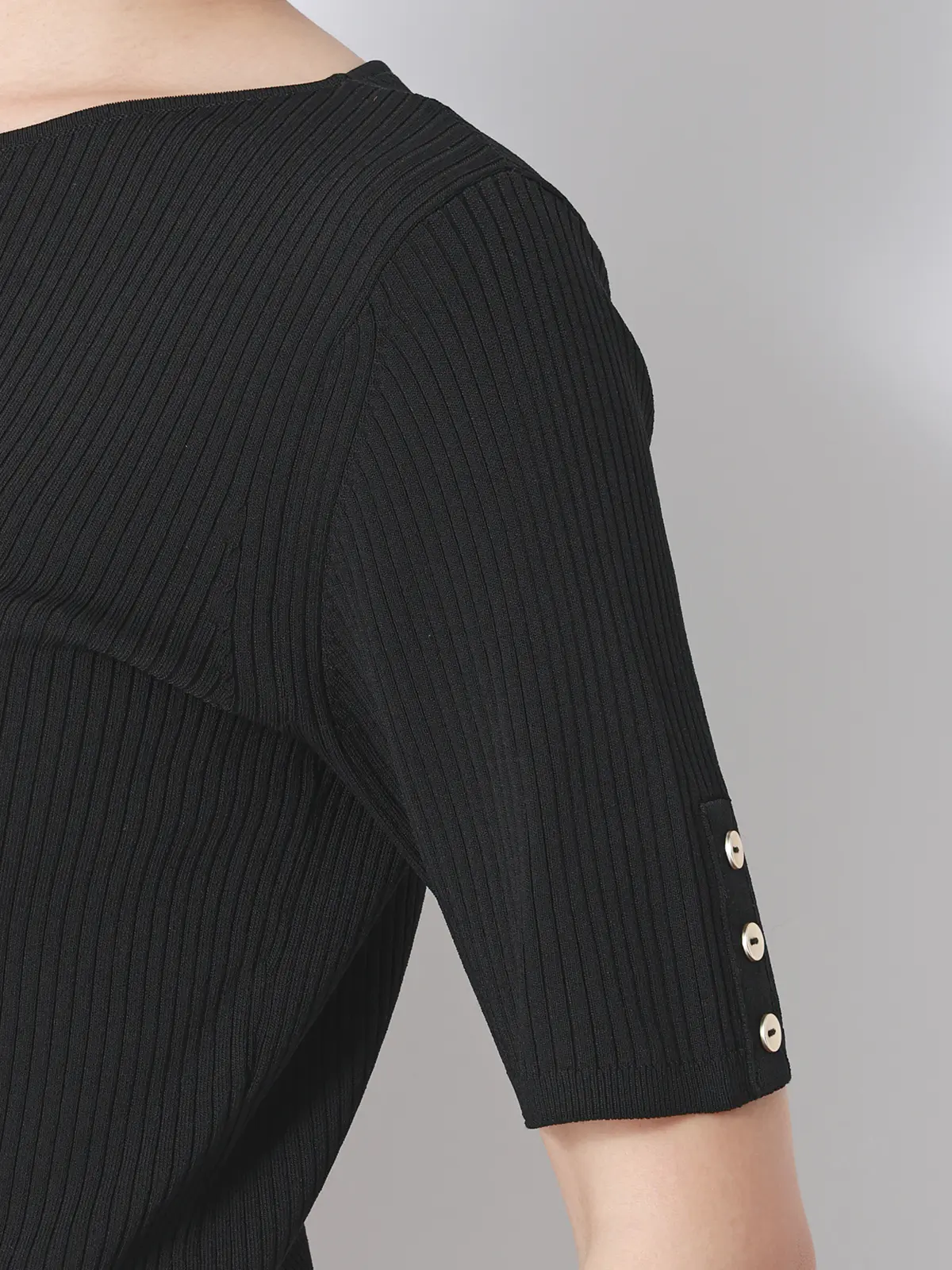 ボートネックリブニット／5分袖／ハンドウォッシュ／ドライレーヨン／無地 ブラック F