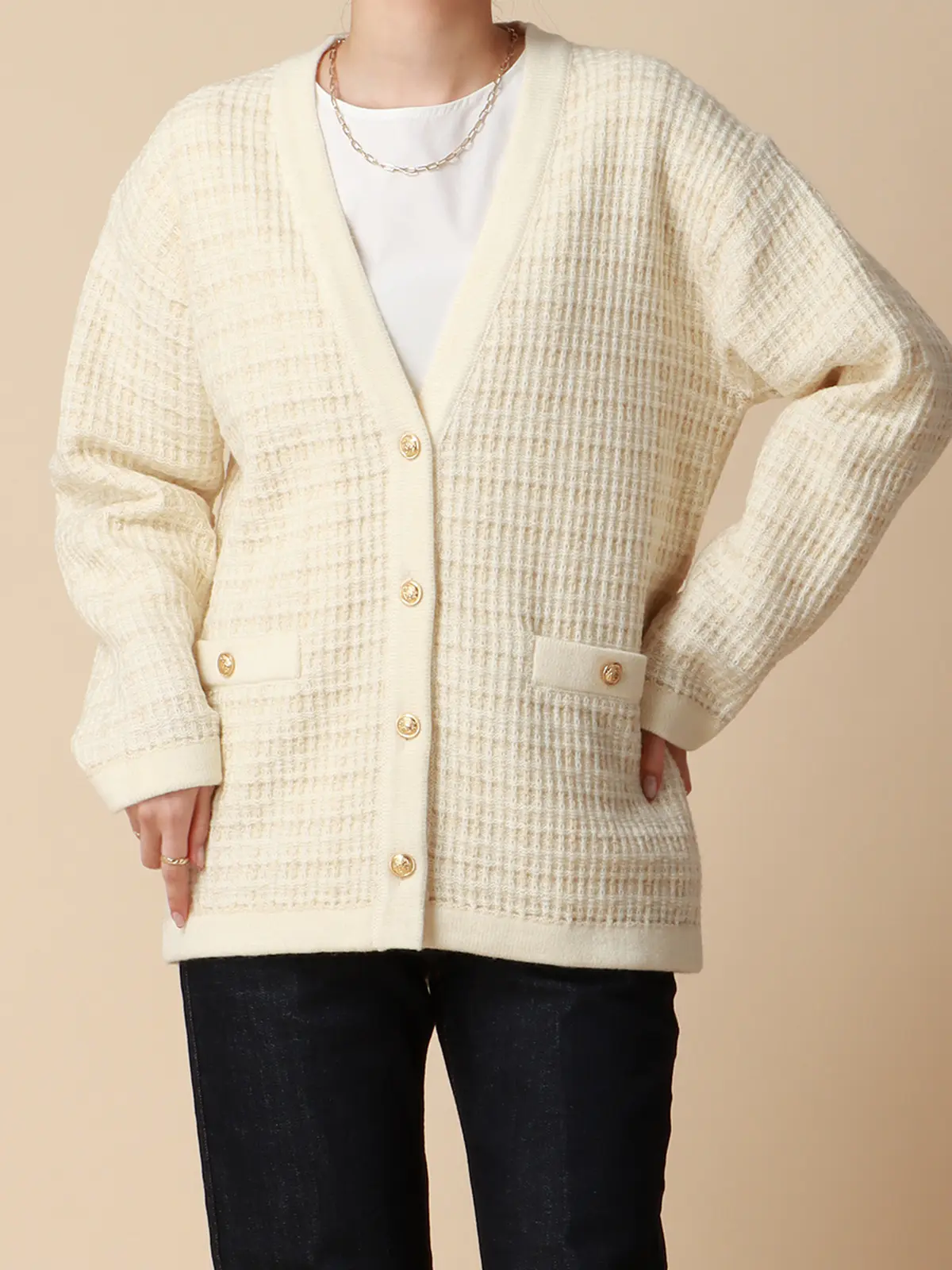 Vネックカーディガン/ハンドウォッシュ/ツイード風ジャカード/ウールアクリル/織柄 ホワイト 38(9号)