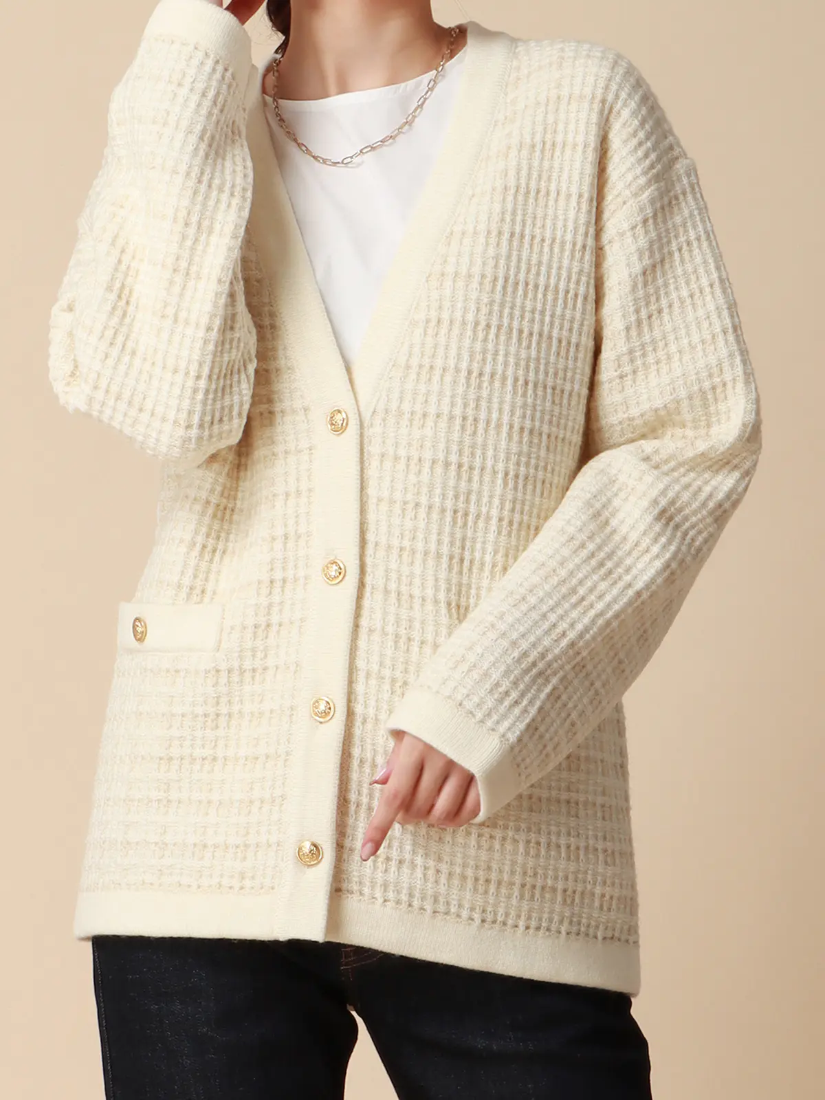 Vネックカーディガン/ハンドウォッシュ/ツイード風ジャカード/ウールアクリル/織柄 ホワイト 38(9号)