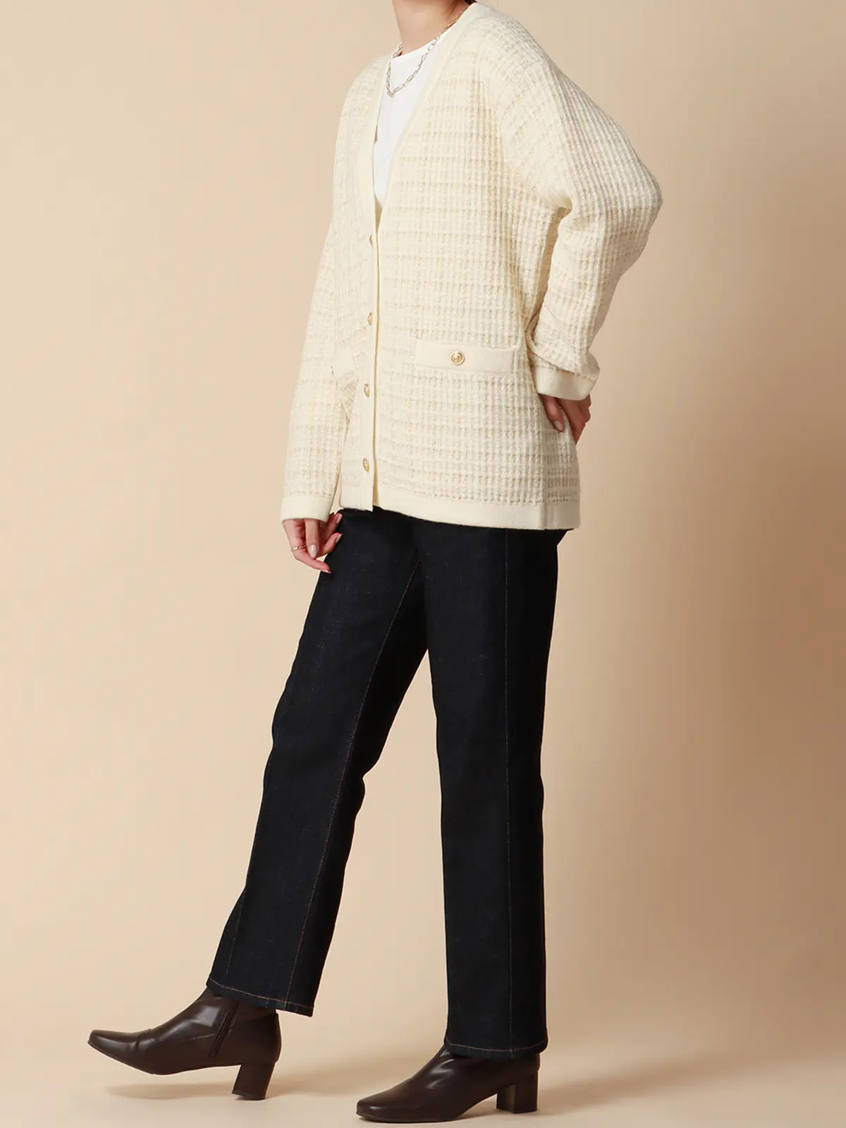 Vネックカーディガン/ハンドウォッシュ/ツイード風ジャカード/ウールアクリル/織柄 ホワイト 38(9号)