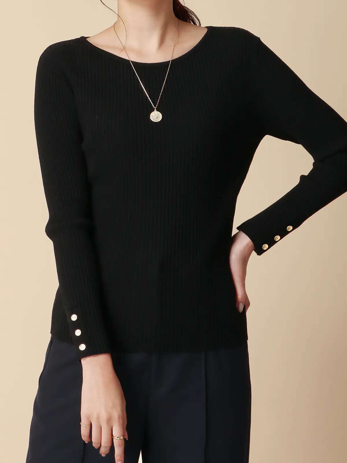 ボートネックリブニット／ハンドウォッシュ／ハイストレッチビスコース／destyle ブラック 38(9号）