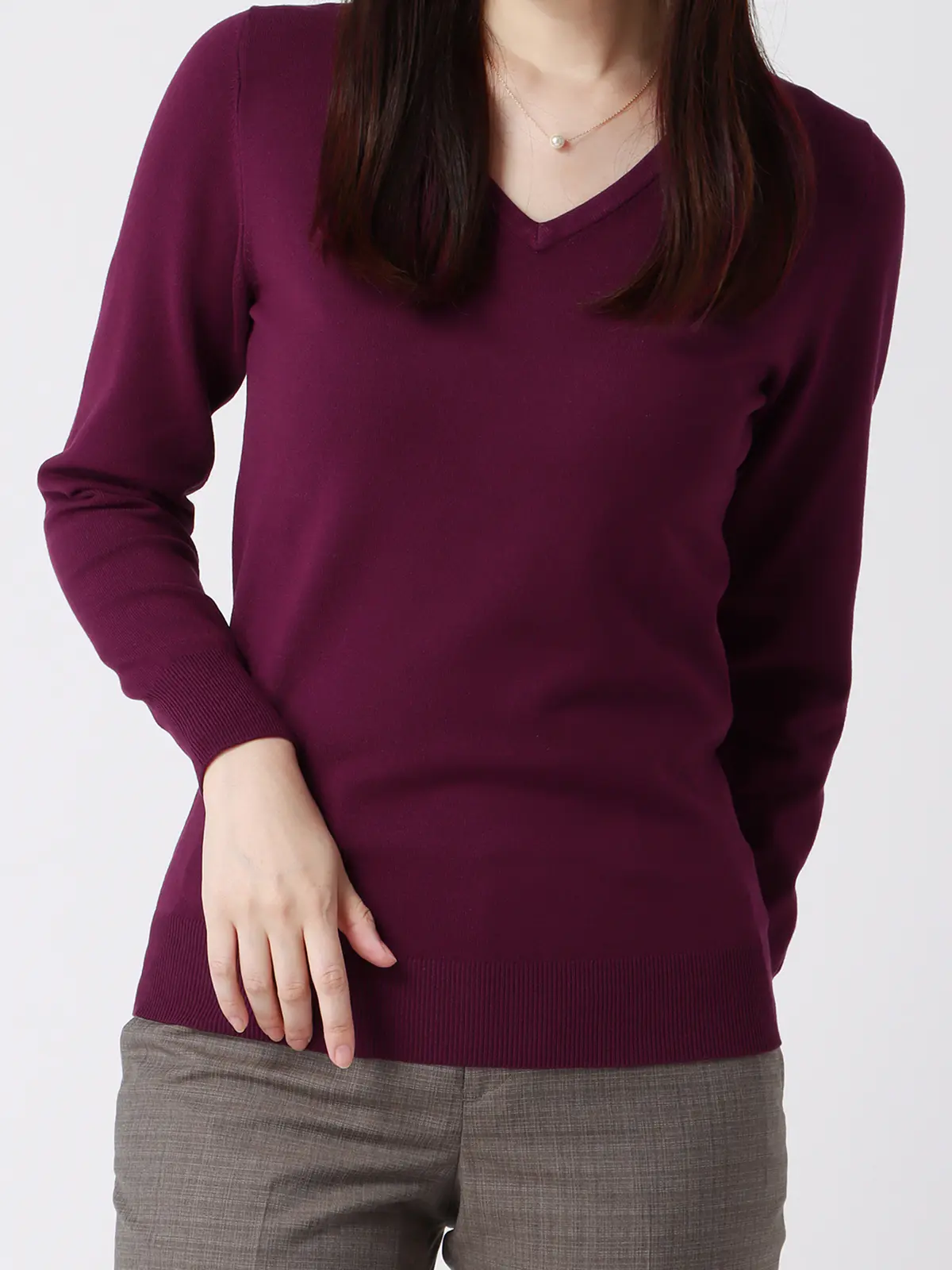 Vネックニット／長袖／ハンドウォッシュ／ハイストレッチビスコース天竺／destyle パープル 38(9号）