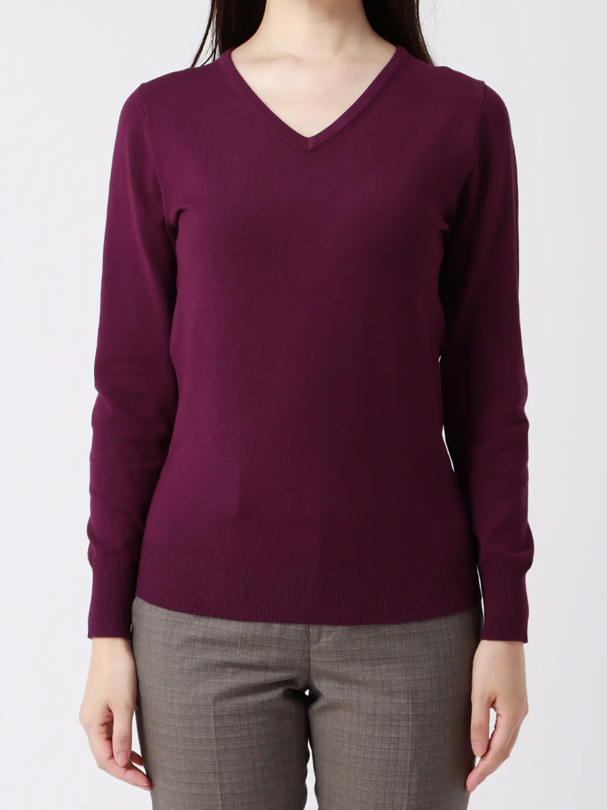 Vネックニット／長袖／ハンドウォッシュ／ハイストレッチビスコース天竺／destyle パープル 38(9号）