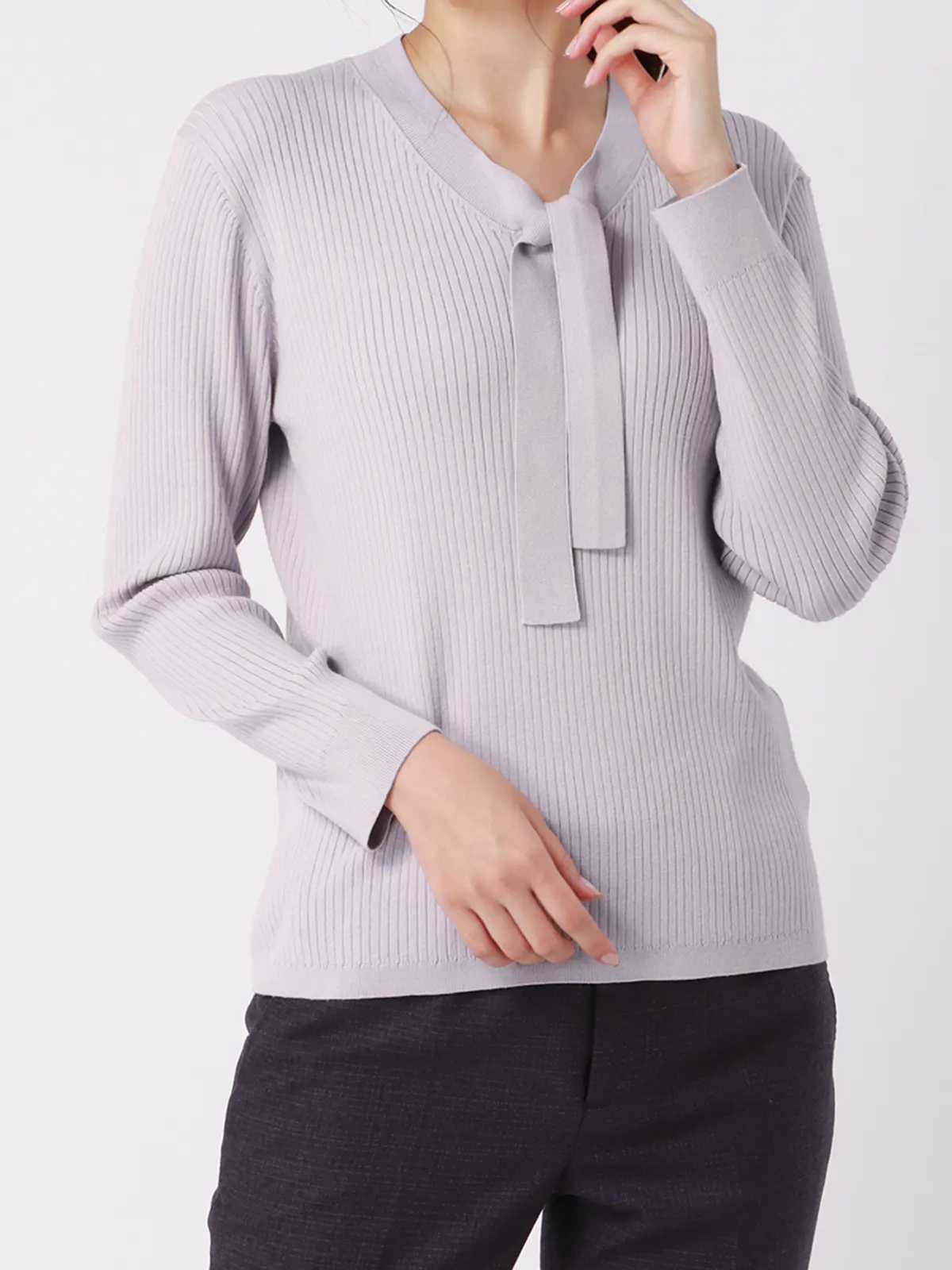 ボウタイプルオーバーニット／ハンドウォッシュ／ストレッチ／エコヴェロレーヨン／destyle パープル 38(9号）