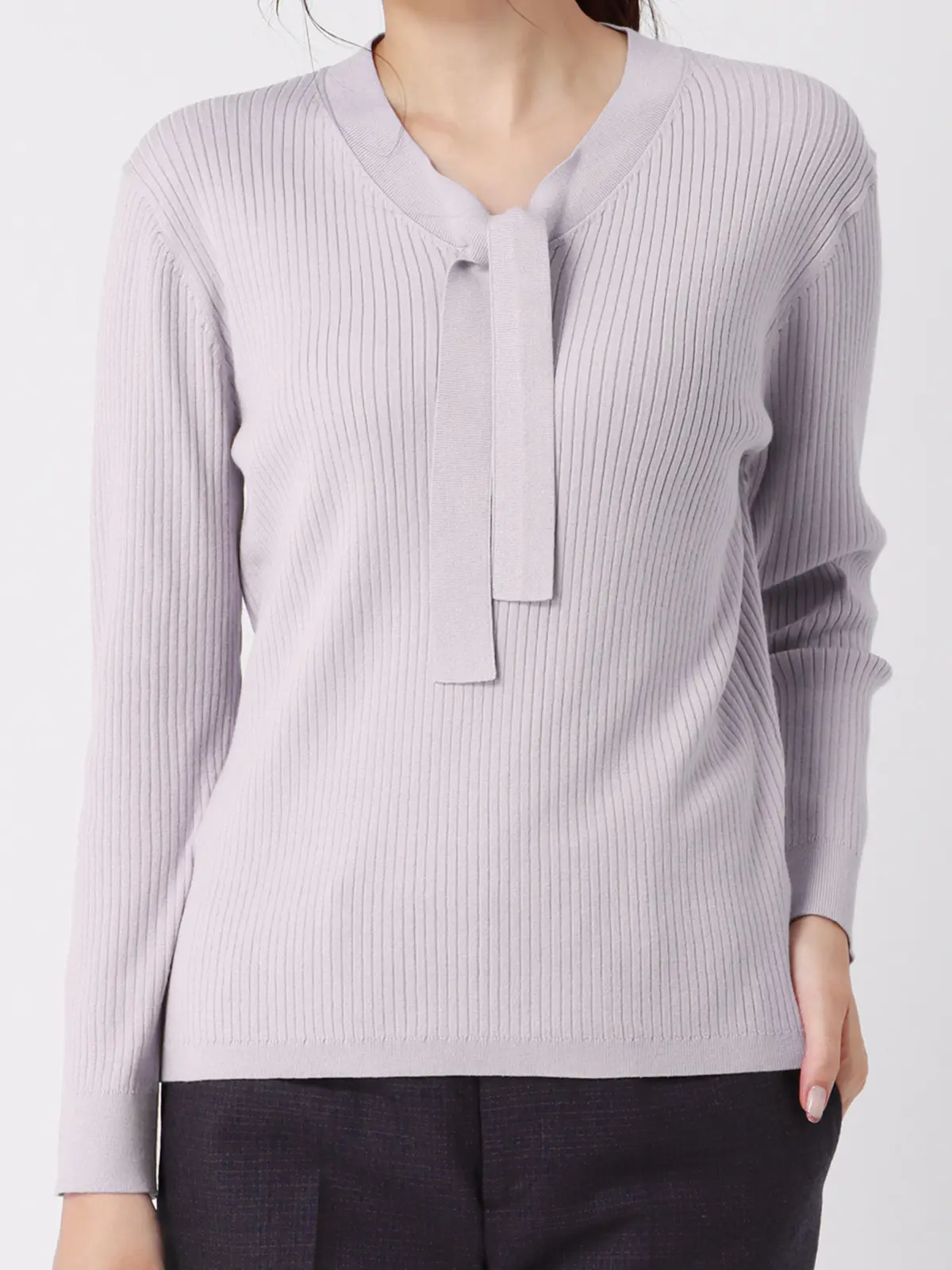 ボウタイプルオーバーニット／ハンドウォッシュ／ストレッチ／エコヴェロレーヨン／destyle パープル 38(9号）