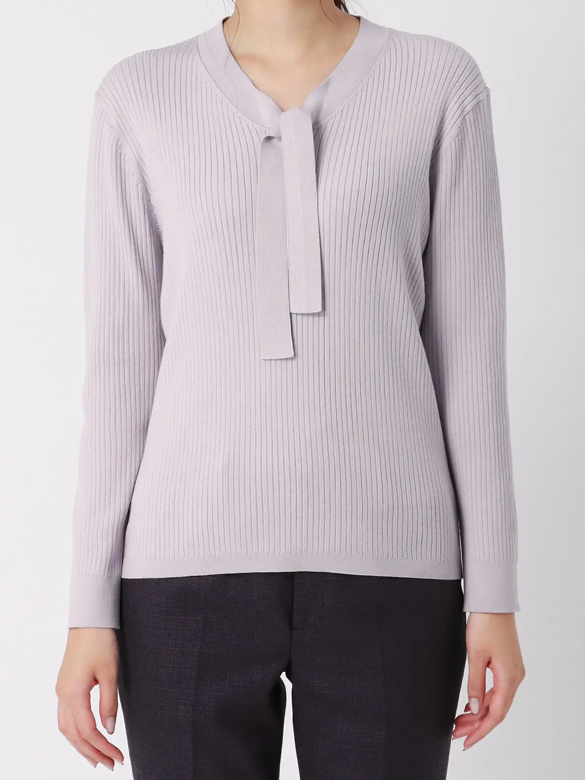 ボウタイプルオーバーニット／ハンドウォッシュ／ストレッチ／エコヴェロレーヨン／destyle パープル 38(9号）