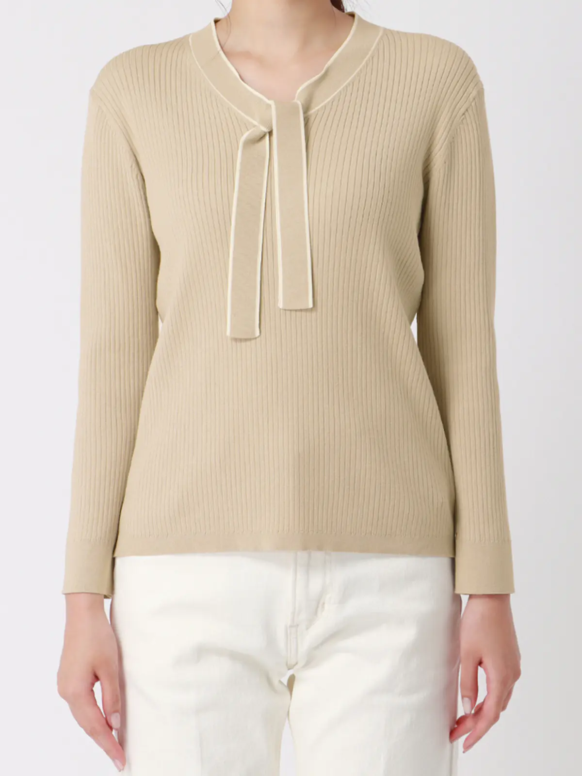 ボウタイプルオーバーニット／ハンドウォッシュ／ストレッチ／エコヴェロレーヨン／destyle ベージュ 38(9号）