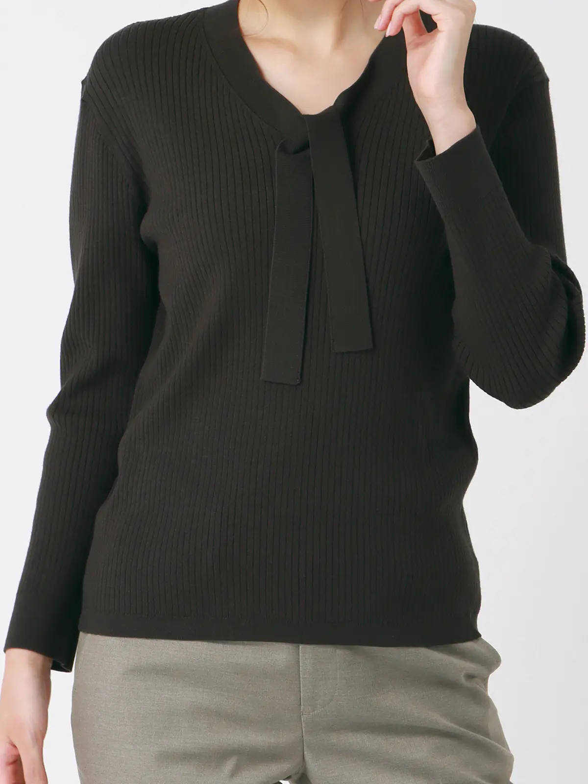 ボウタイプルオーバーニット/ハンドウォッシュ/ストレッチ/エコヴェロレーヨン/destyle グレー 38(9号)