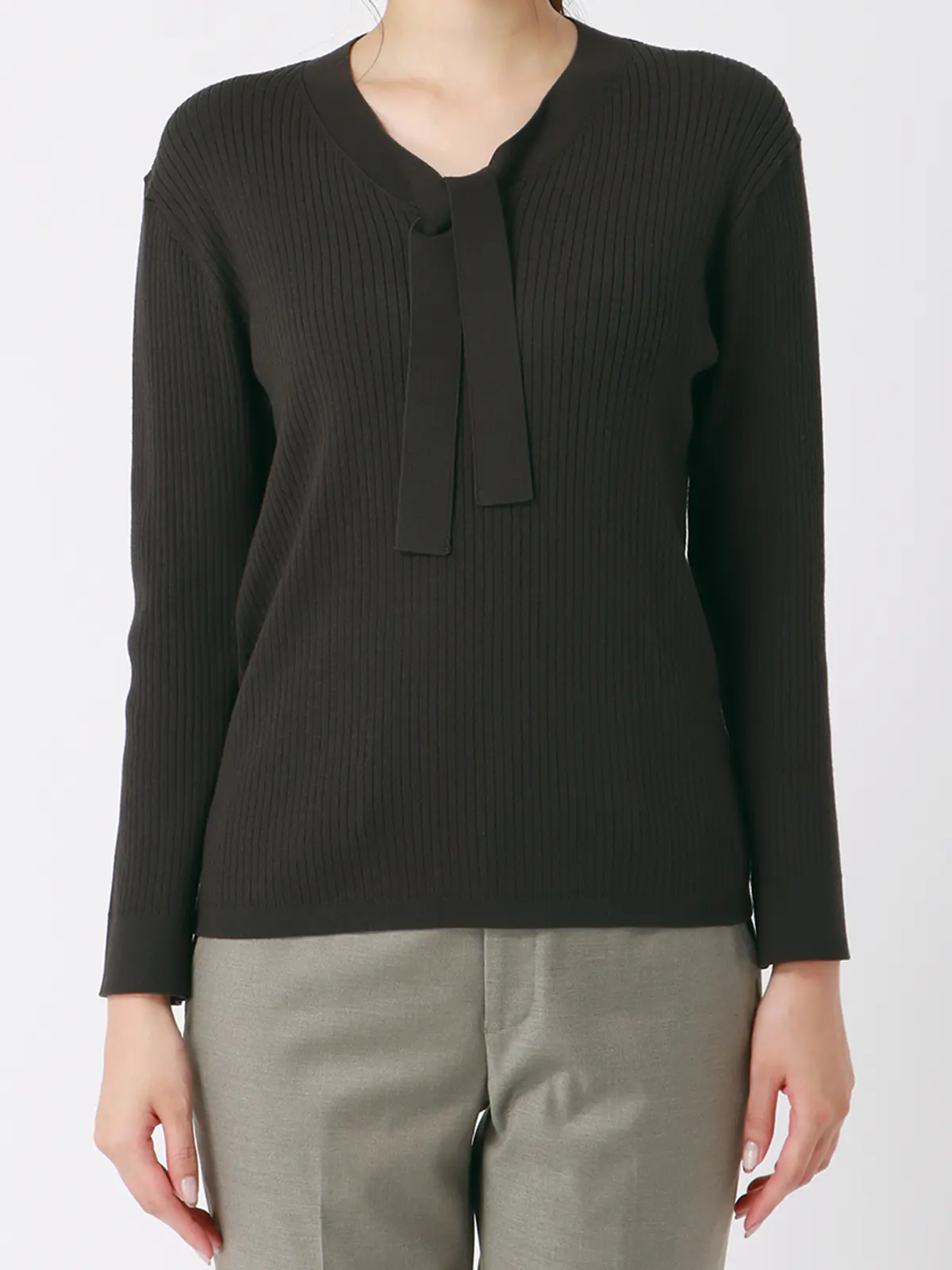 ボウタイプルオーバーニット/ハンドウォッシュ/ストレッチ/エコヴェロレーヨン/destyle グレー 38(9号)