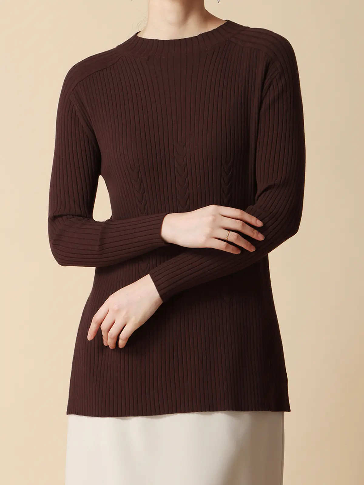 ボトルネックロングリブニット/ハンドウォッシュ/エコヴェロレーヨン/destyle ブラウン 38(9号)