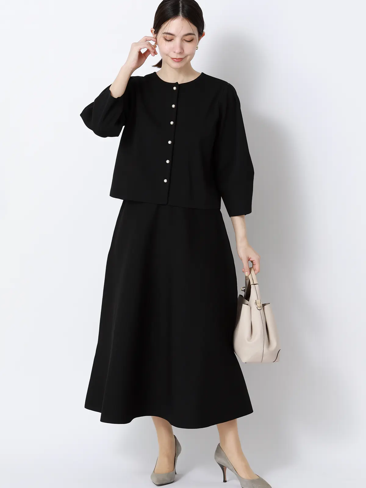 2WAYニット＆スカートセットアップ／7分袖／ハンドウォッシュ／ポリエステル／無地／anysy ブラック F