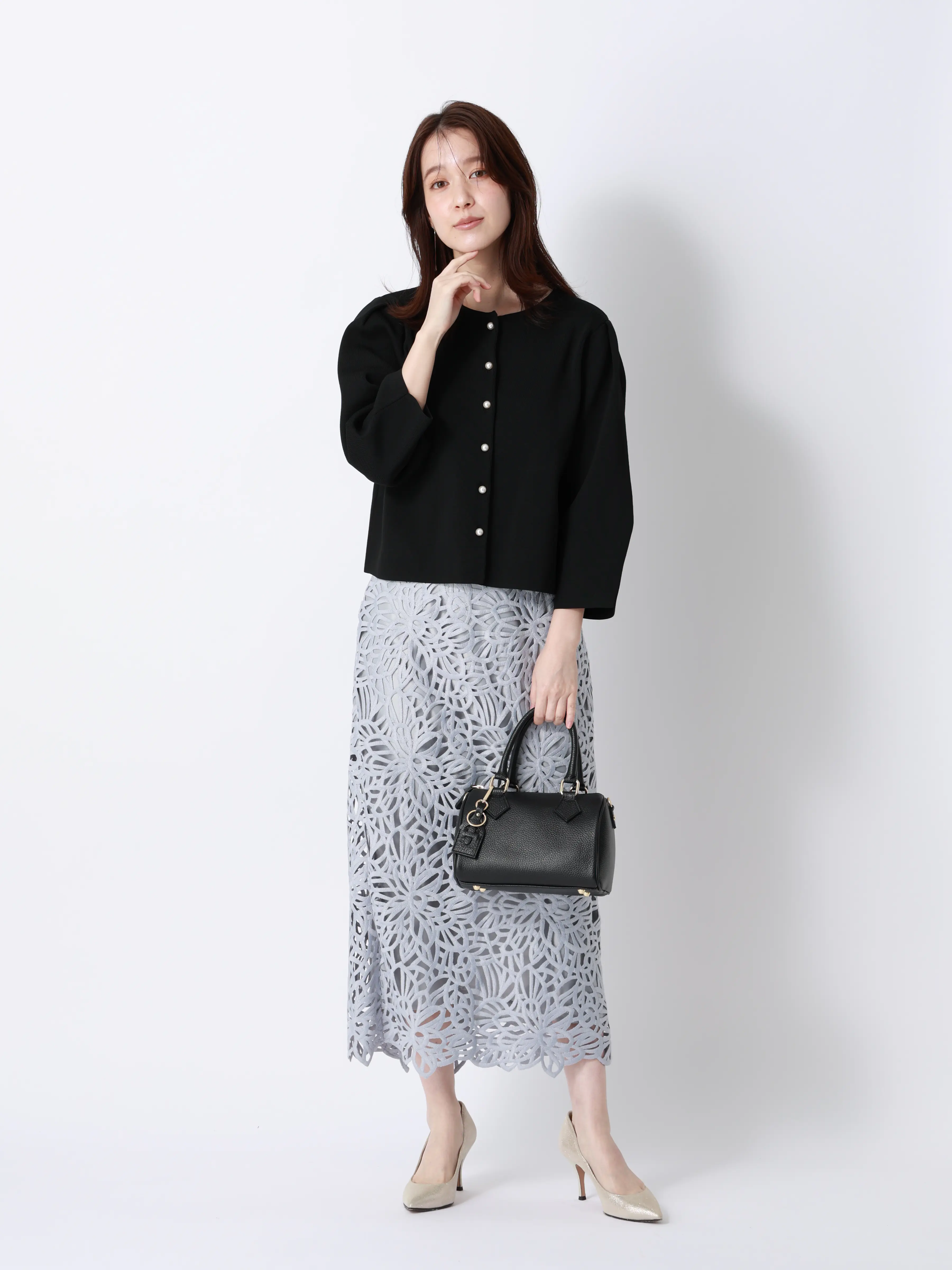 2WAYニット＆スカートセットアップ／7分袖／ハンドウォッシュ／ポリエステル／無地／anysy ブラック F