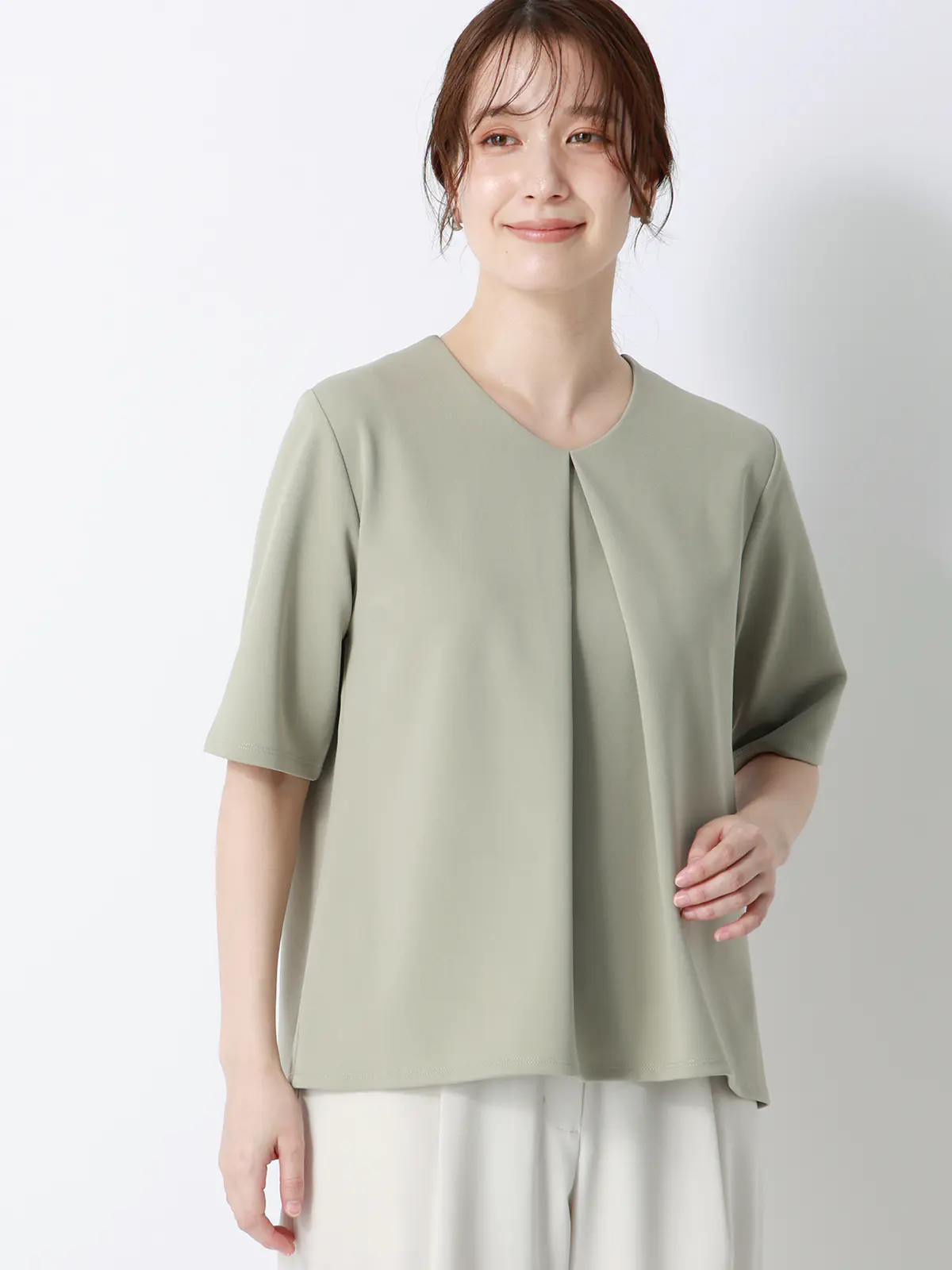 Vネックプルオーバー/5分袖/ウォッシャブル/接触冷感/UVカット/無地 グリーン F