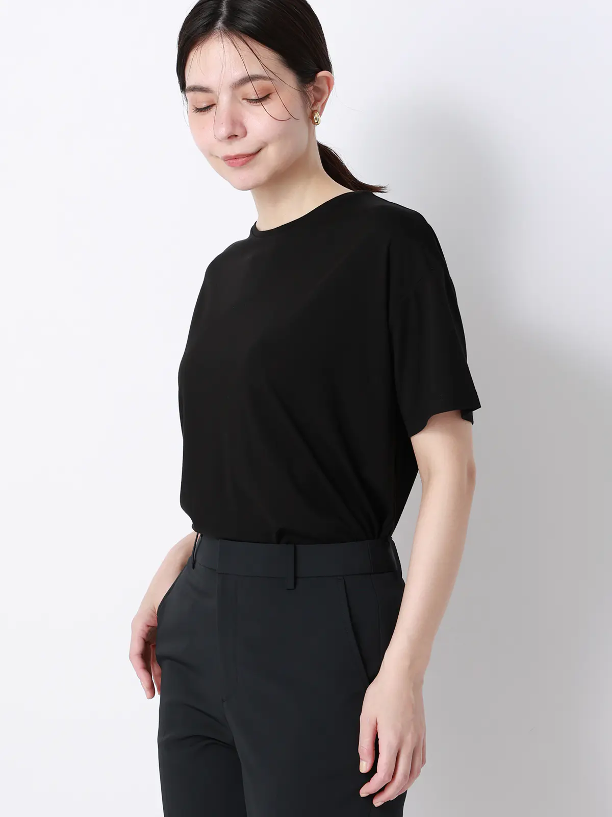 CHANTOWA／ポンチオーバーサイズTシャツ／ウォッシャブル／接触冷感／無地 ブラック F