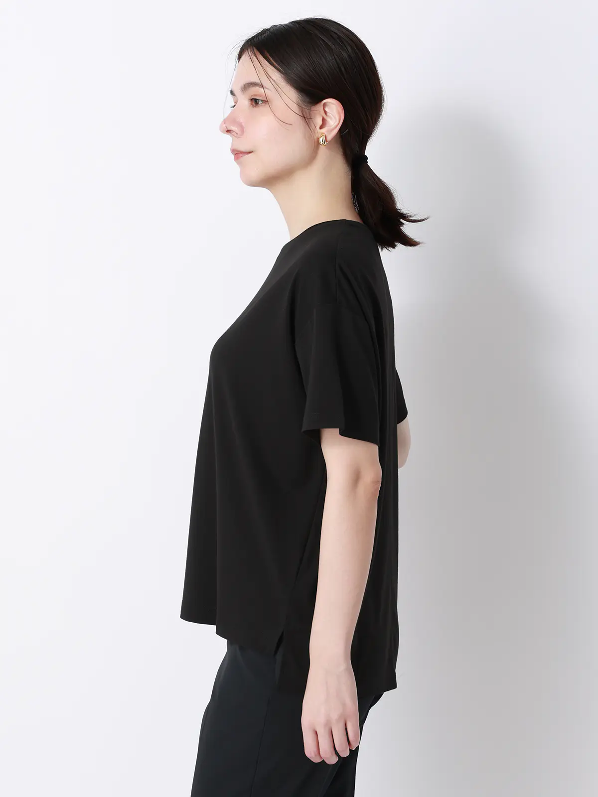CHANTOWA／ポンチオーバーサイズTシャツ／ウォッシャブル／接触冷感／無地 ブラック F