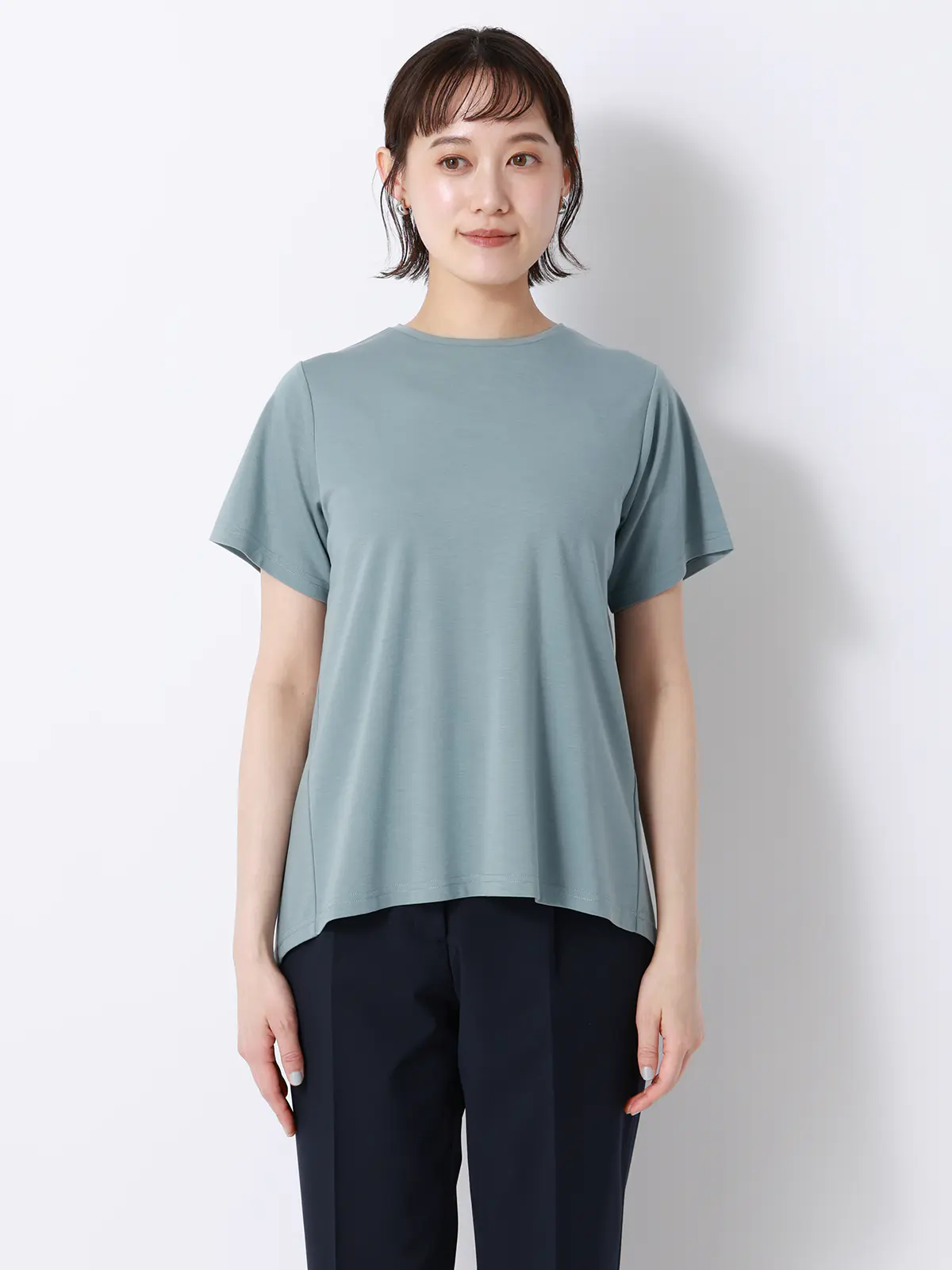 バックフレアTシャツ／半袖／ウォッシャブル／接触冷感／レーヨンストレッチポンチ／BIYORI UP サックス F