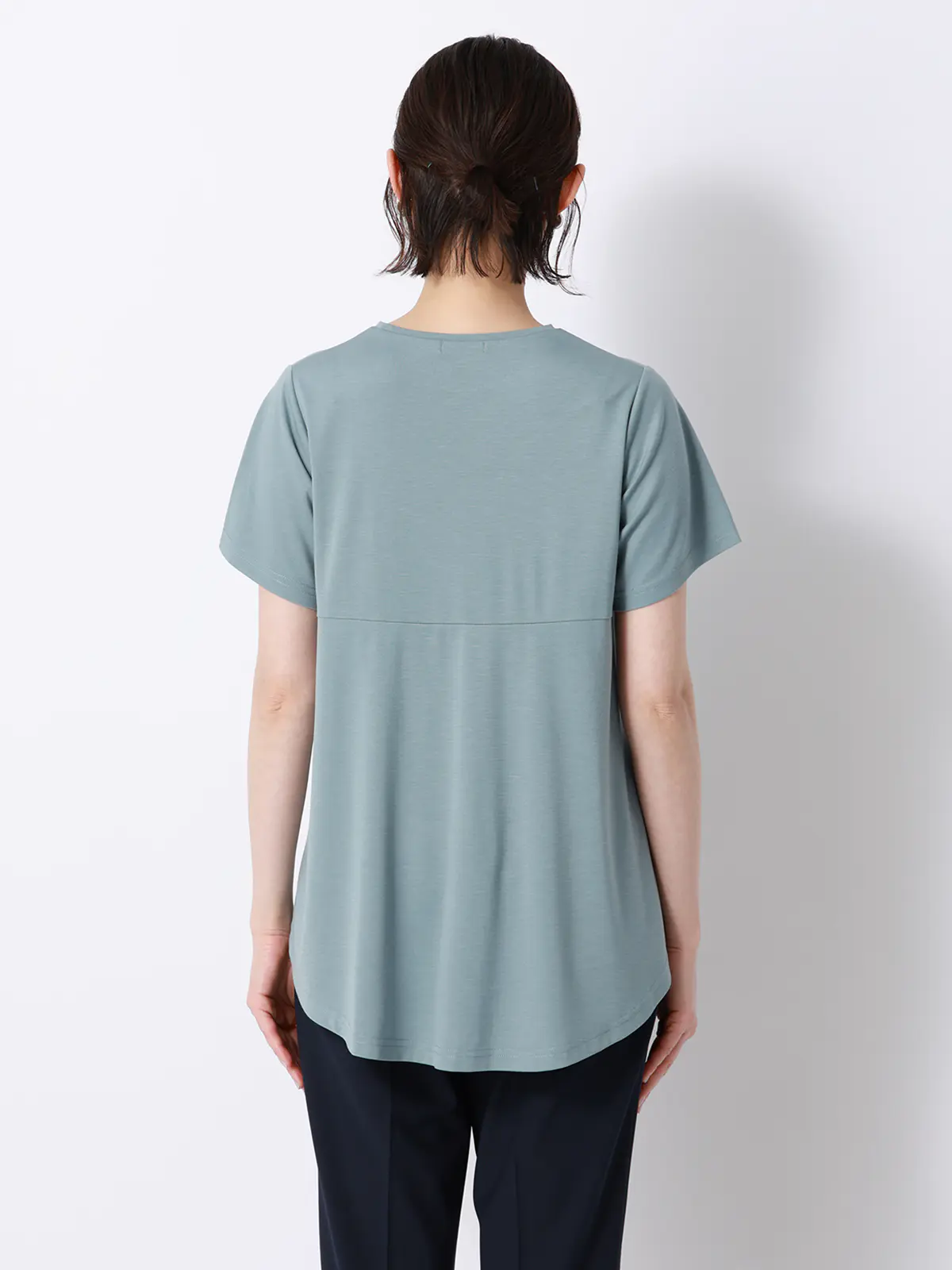 バックフレアTシャツ／半袖／ウォッシャブル／接触冷感／レーヨンストレッチポンチ／BIYORI UP サックス F