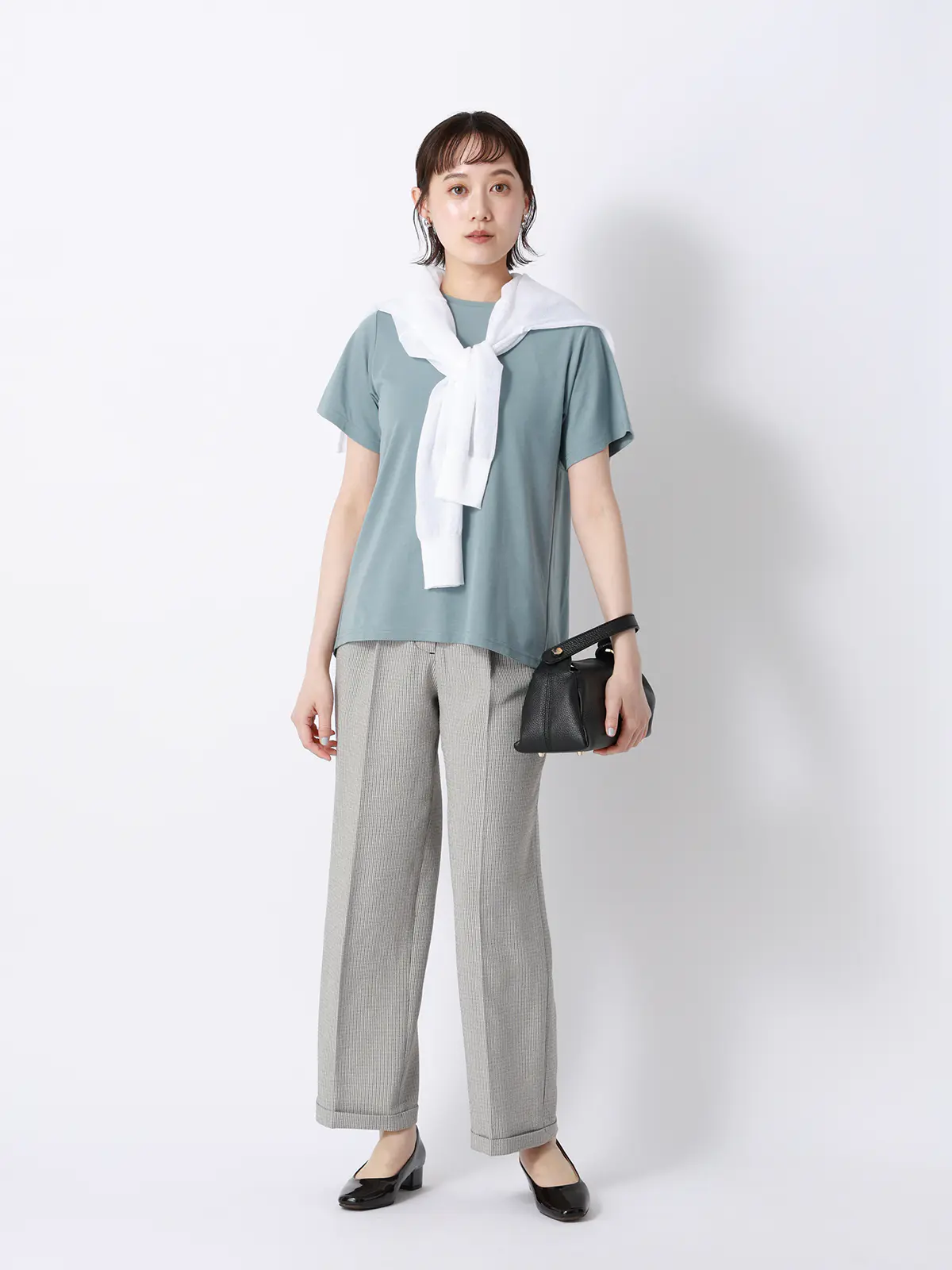 バックフレアTシャツ／半袖／ウォッシャブル／接触冷感／レーヨンストレッチポンチ／BIYORI UP サックス F