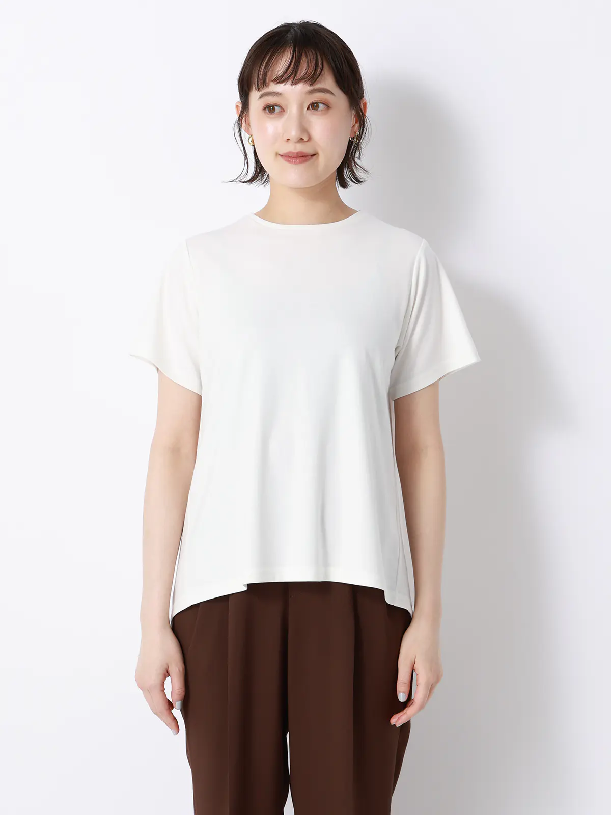 バックフレアTシャツ／半袖／ウォッシャブル／接触冷感／レーヨンストレッチポンチ／BIYORI UP オフホワイト F